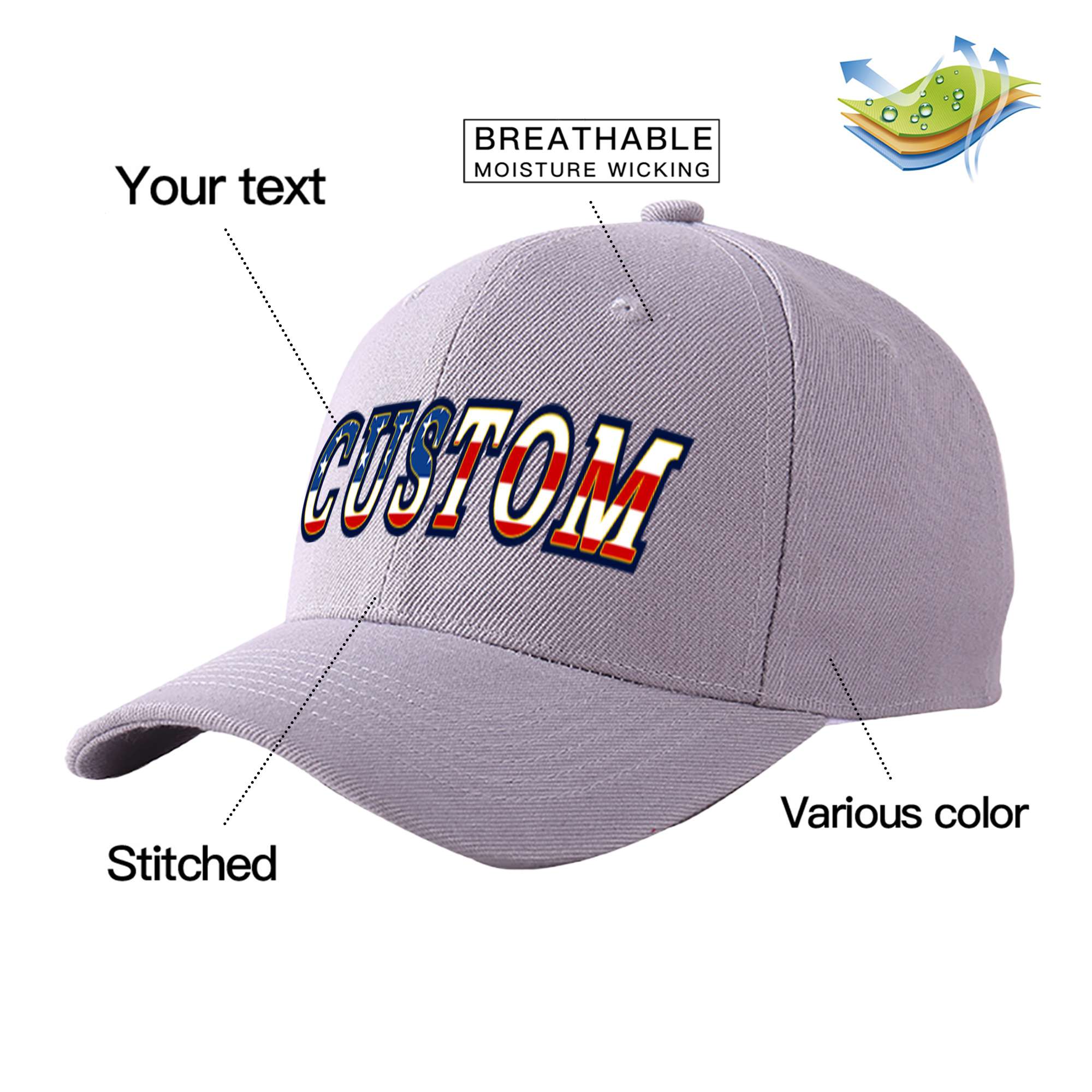 Custom Gray Usa Baseball Cap Curved Eaves Hats Vintage Design for Men/Women/Youth