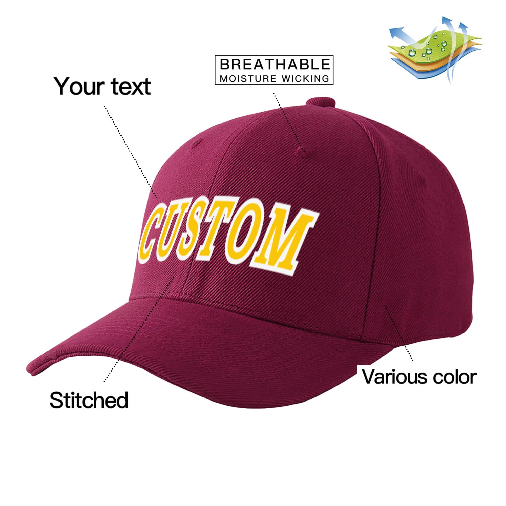 Custom Burgundy Yellow Baseball Cap Curved Eaves Hats Vintage Design for Men/Women/Youth