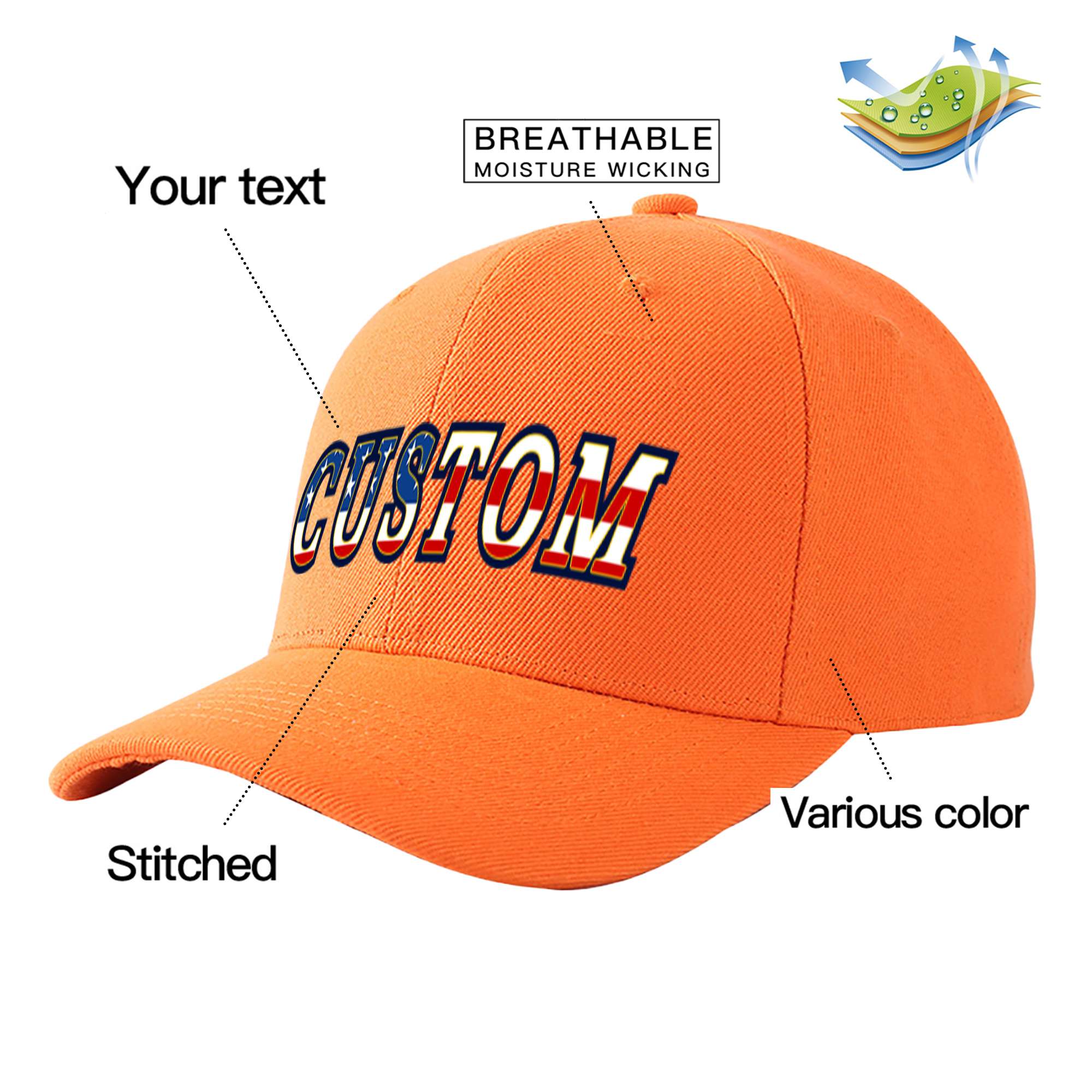 Custom Orange Usa Baseball Cap Curved Eaves Hats Vintage Design for Men/Women/Youth