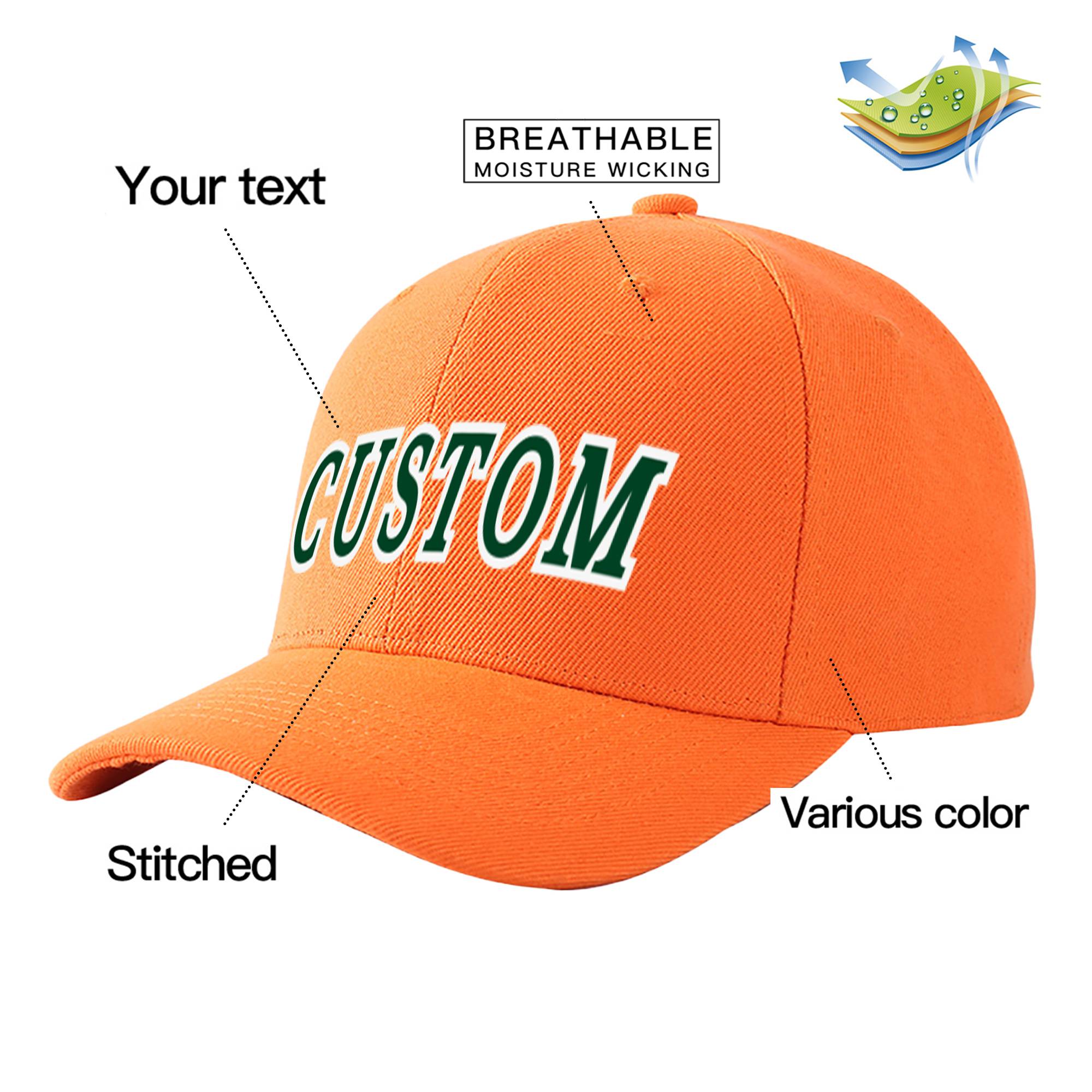 Custom Orange Athletic Green Baseball Cap Curved Eaves Hats Vintage Design for Men/Women/Youth