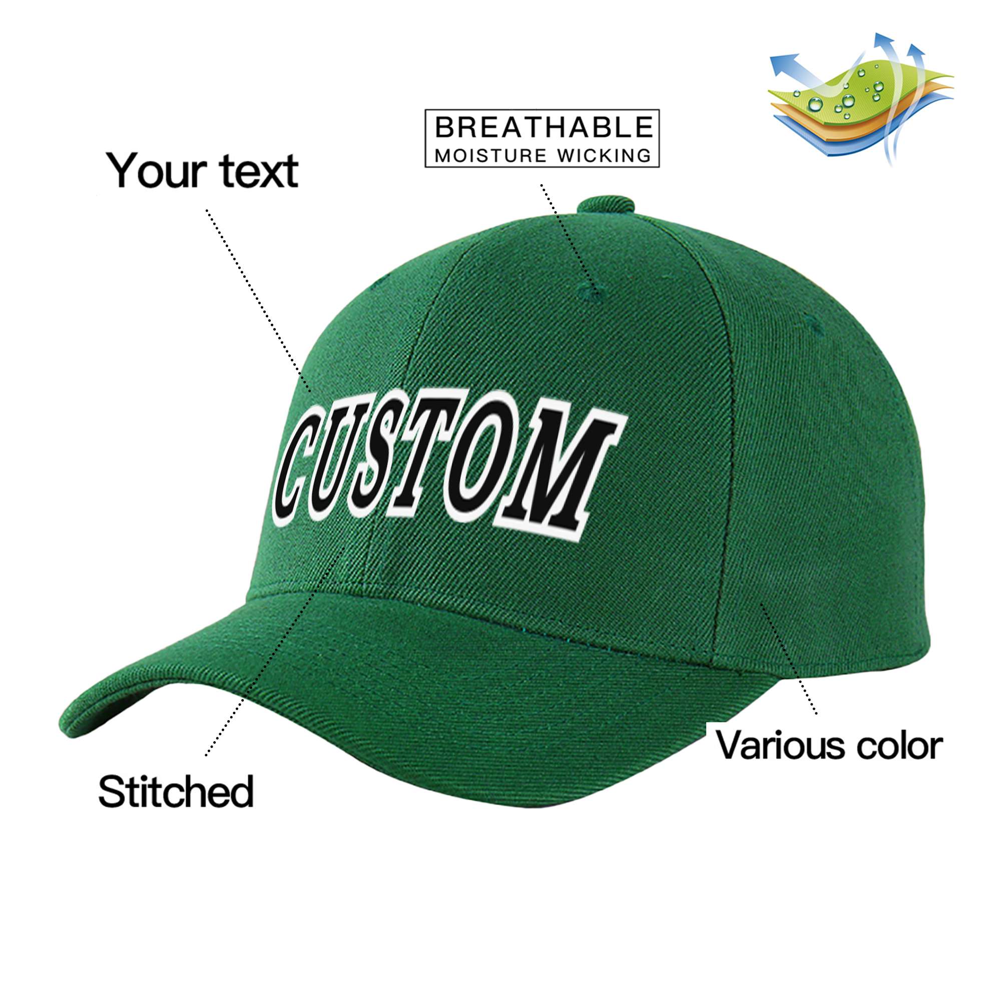 Custom Dark Green Black Baseball Cap Curved Eaves Hats Vintage Design for Men/Women/Youth