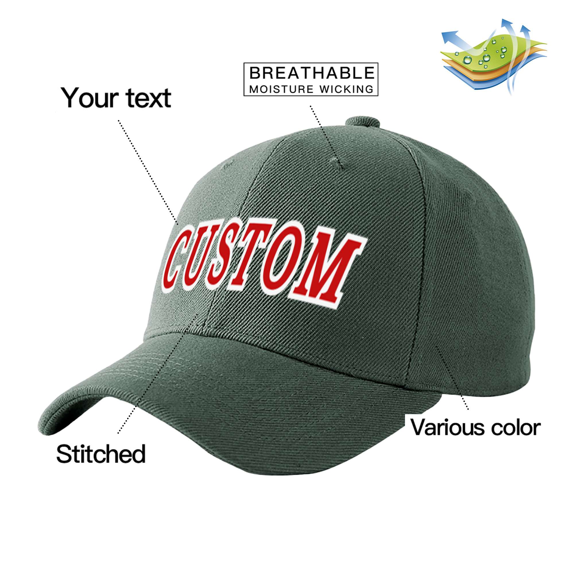 Custom Dark Gray Red Baseball Cap Curved Eaves Hats Vintage Design for Men/Women/Youth