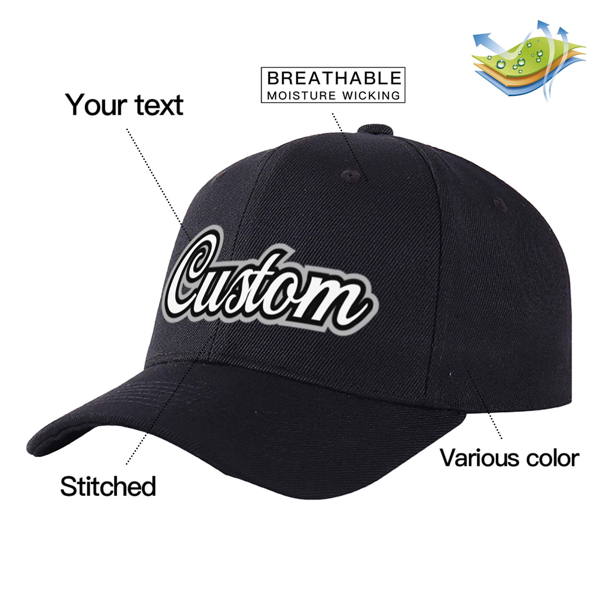 Custom Black White Baseball Cap Curved Eaves Hats Vintage Design for Men/Women/Youth