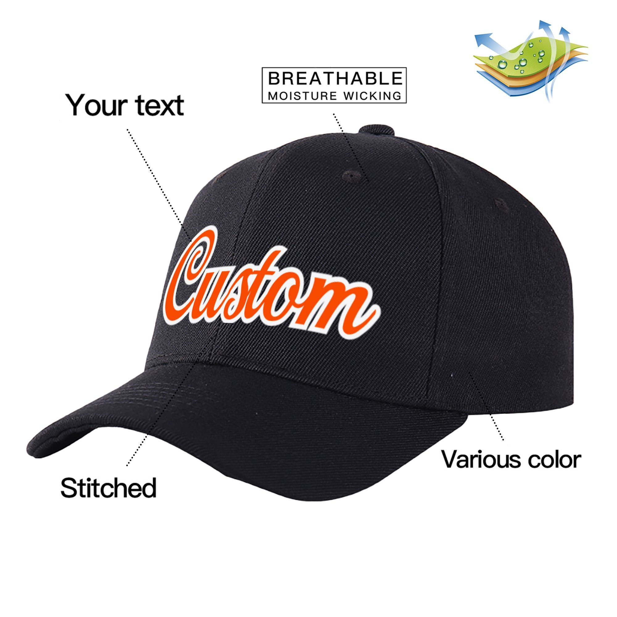 Custom Black Orange Baseball Cap Curved Eaves Hats Vintage Design for Men/Women/Youth