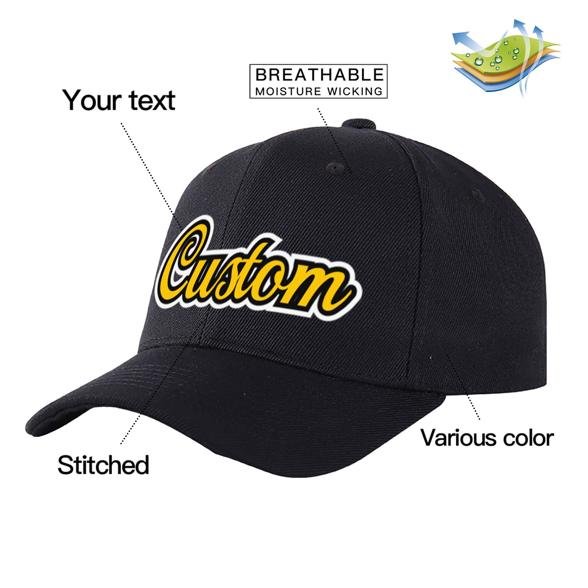 Custom Black Yellow Baseball Cap Curved Eaves Hats Vintage Design for Men/Women/Youth