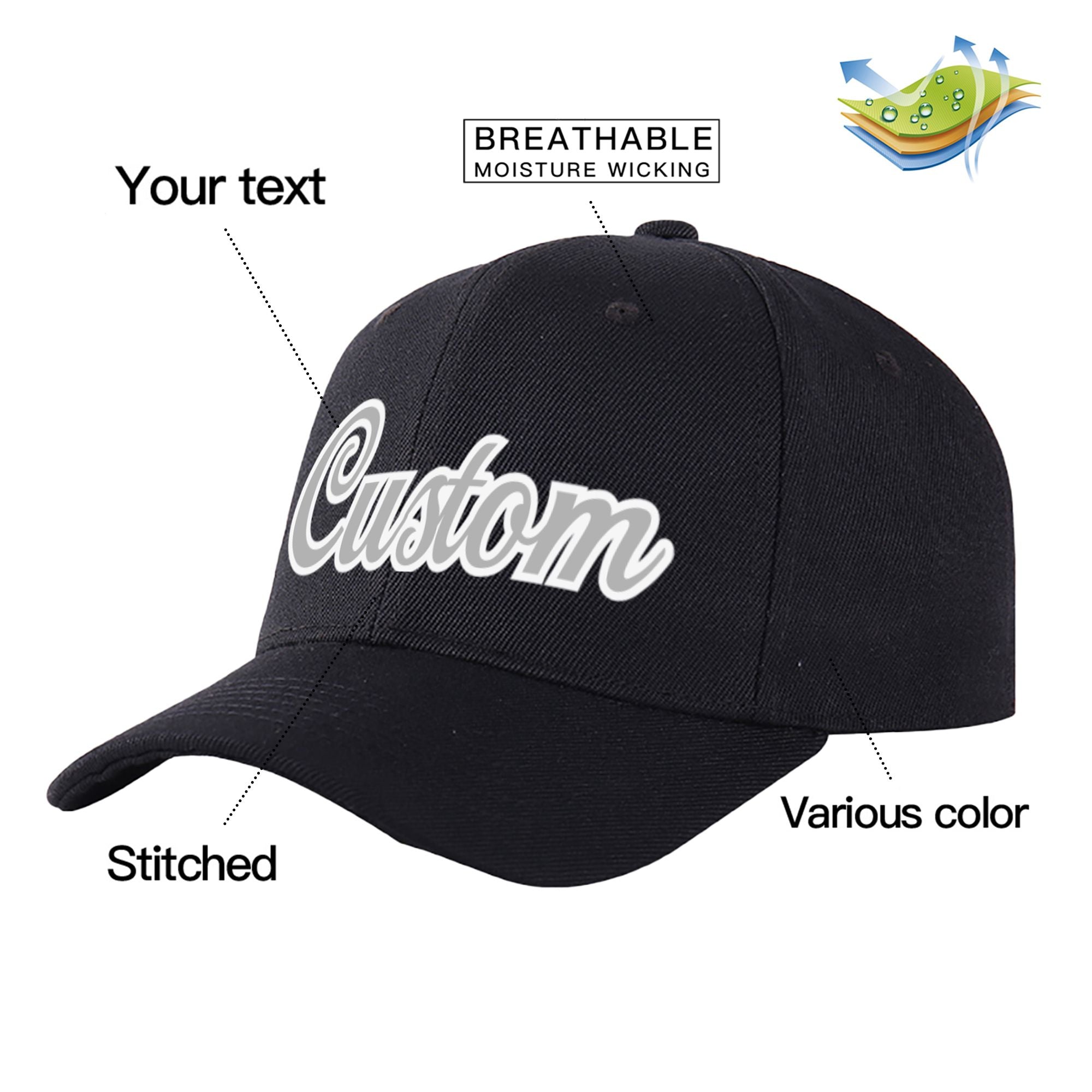 Custom Black Gray Baseball Cap Curved Eaves Hats Vintage Design for Men/Women/Youth