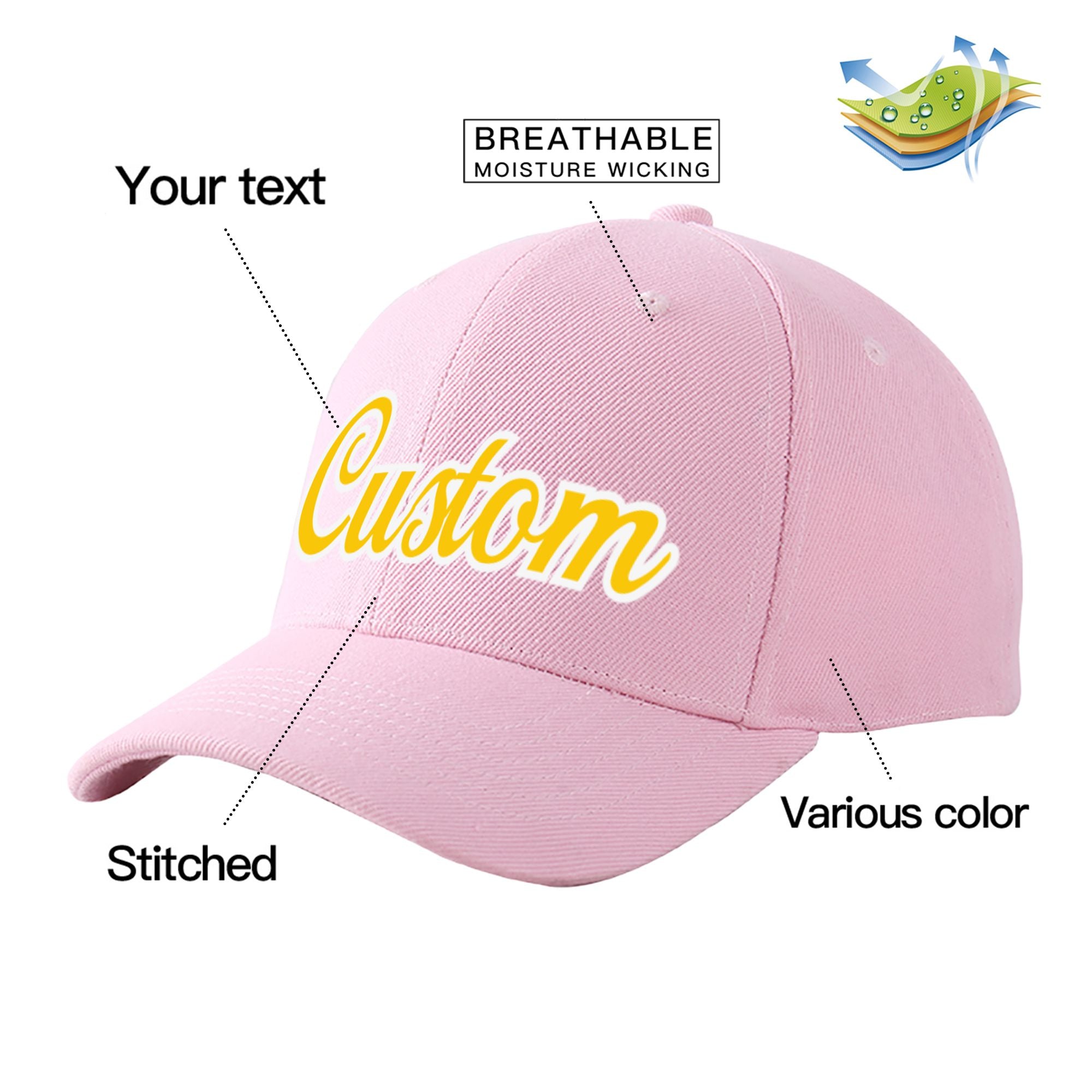 Custom Pink Yellow Baseball Cap Curved Eaves Hats Vintage Design for Men/Women/Youth