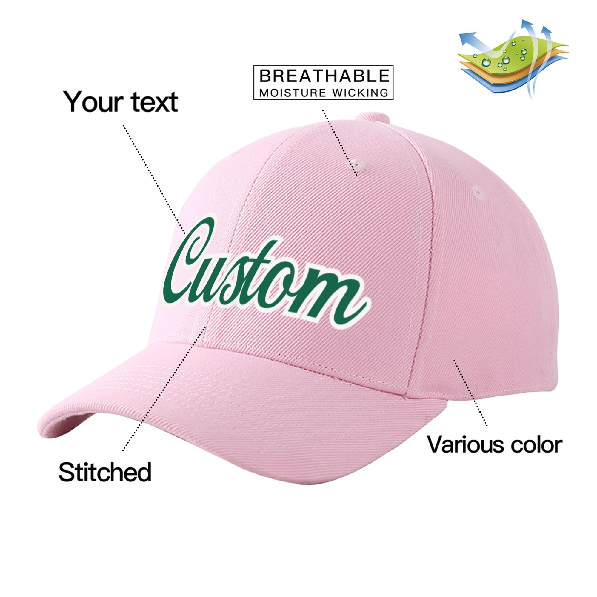 Custom Pink Kelly Green Baseball Cap Curved Eaves Hats Vintage Design for Men/Women/Youth