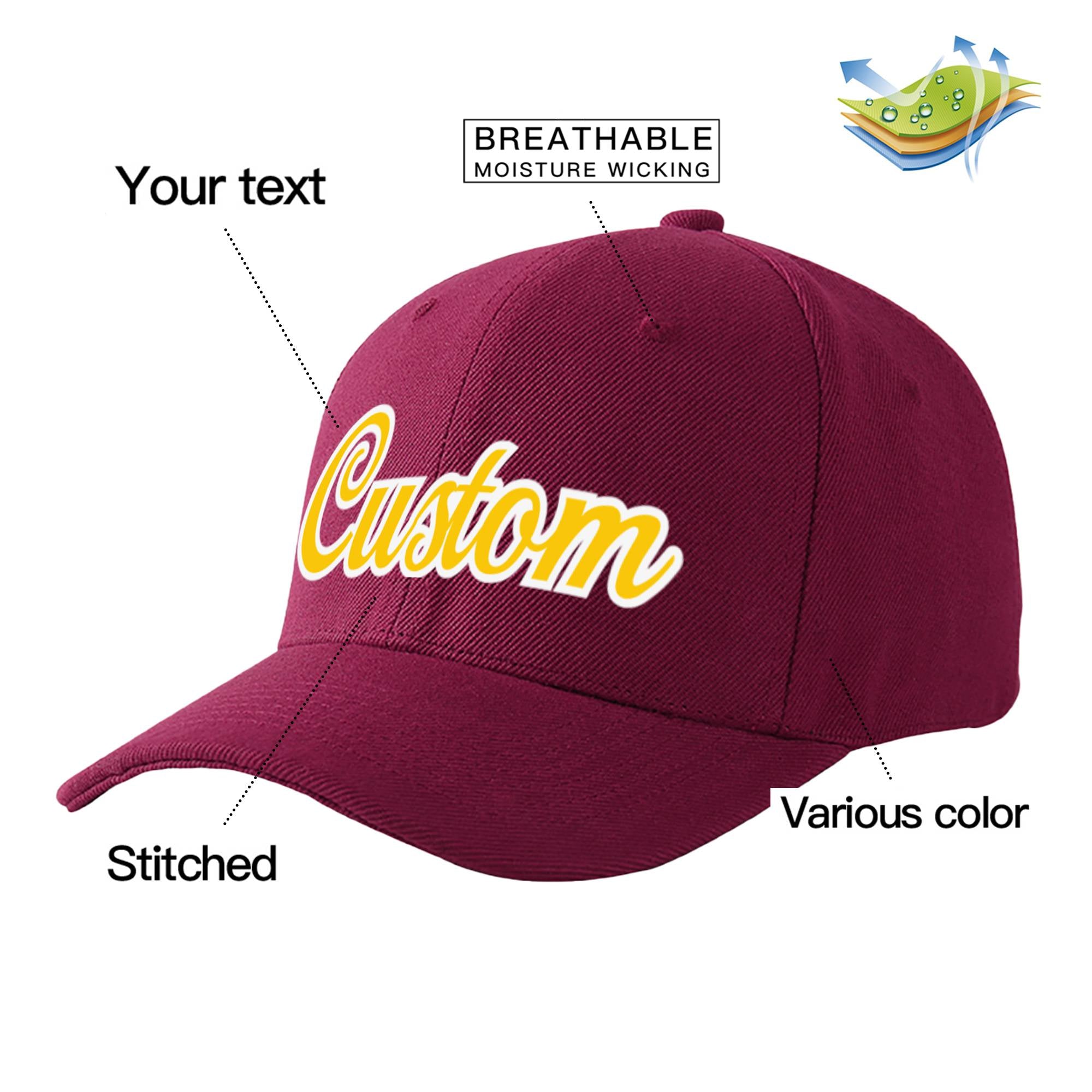 Custom Burgundy Yellow Baseball Cap Curved Eaves Hats Vintage Design for Men/Women/Youth