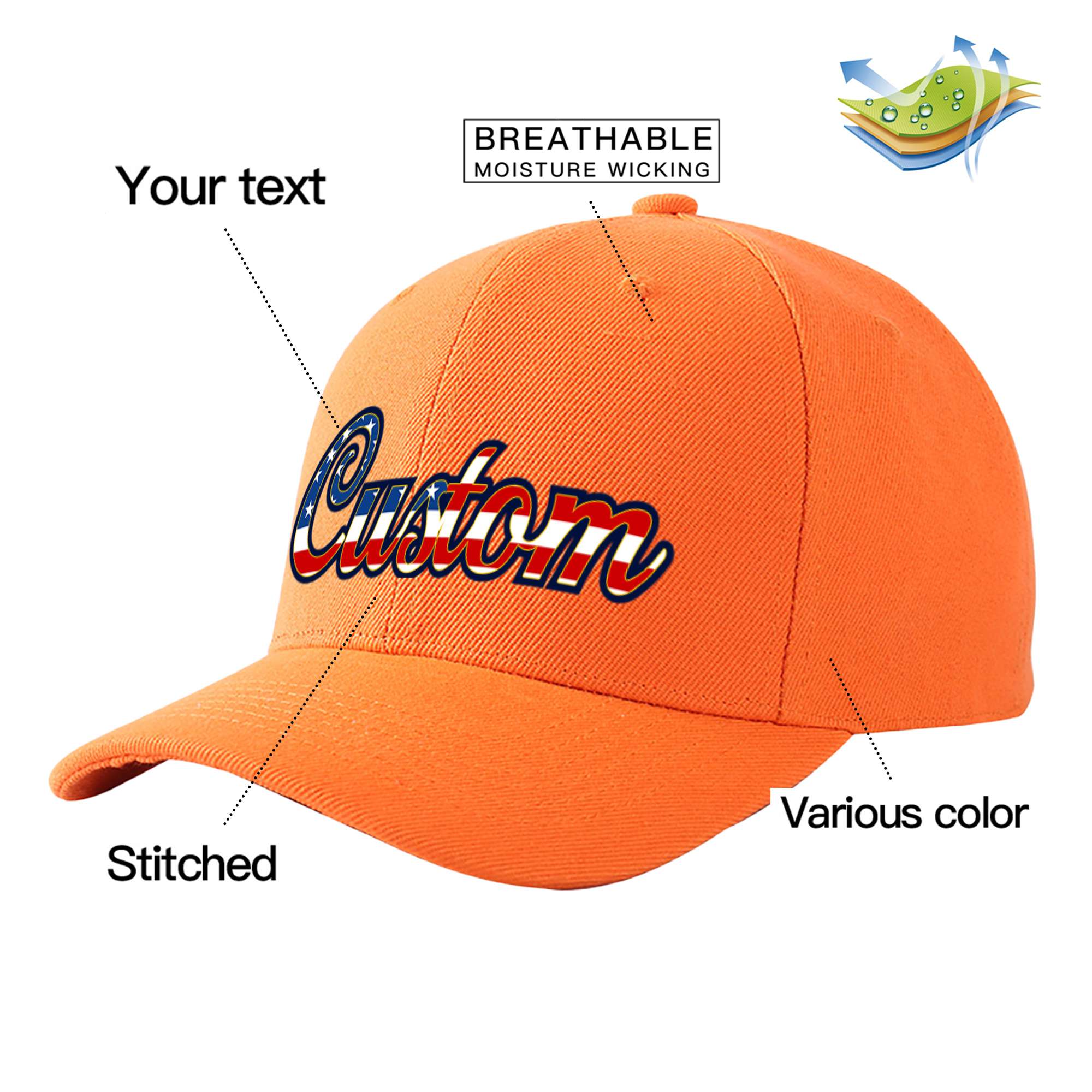 Custom Orange Usa Baseball Cap Curved Eaves Hats Vintage Design for Men/Women/Youth