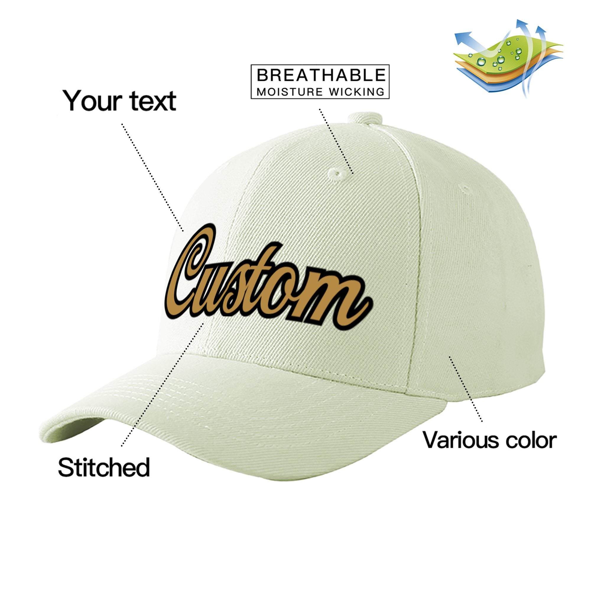 Custom Cream Old Gold Baseball Cap Curved Eaves Hats Vintage Design for Men/Women/Youth