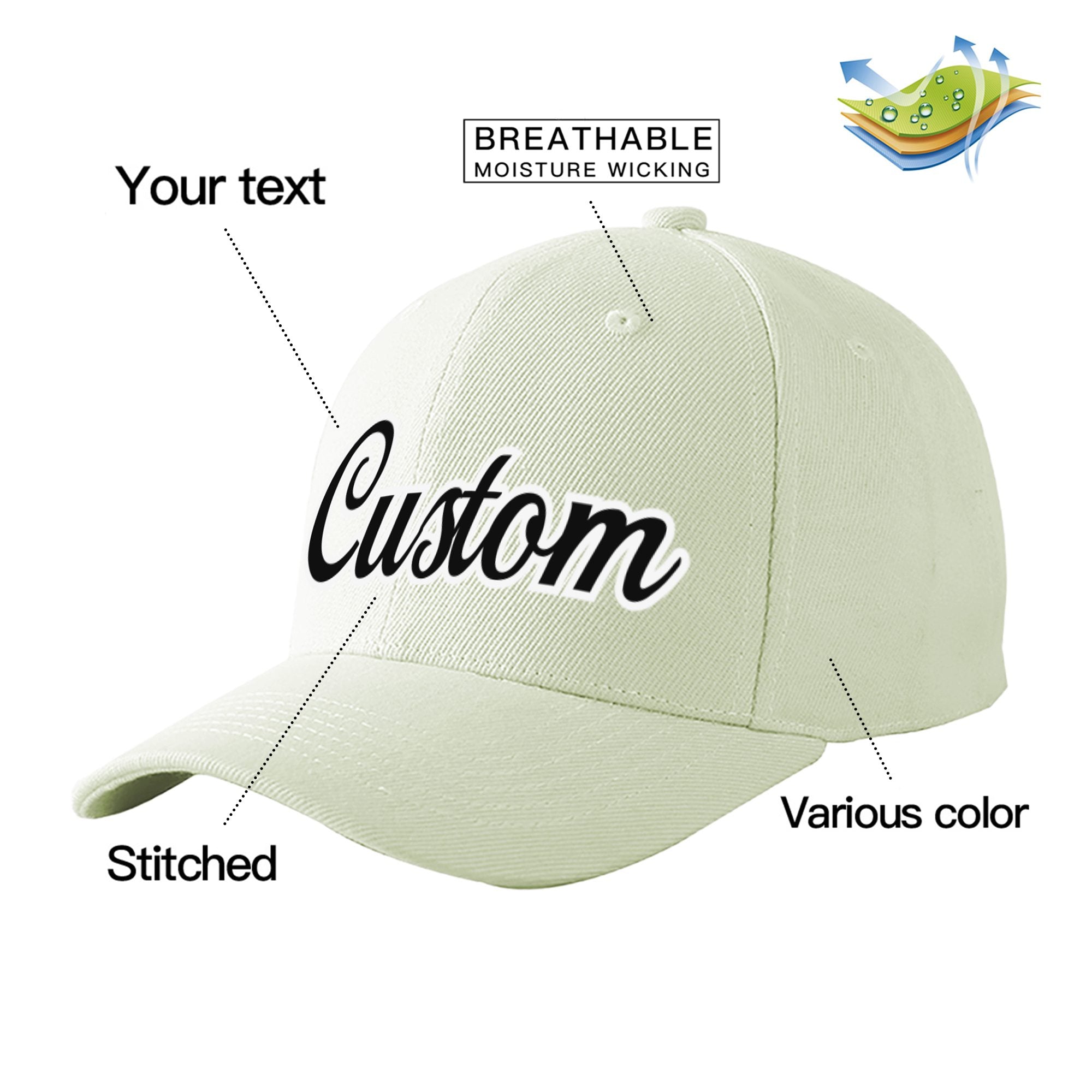 Custom Cream Black Baseball Cap Curved Eaves Hats Vintage Design for Men/Women/Youth