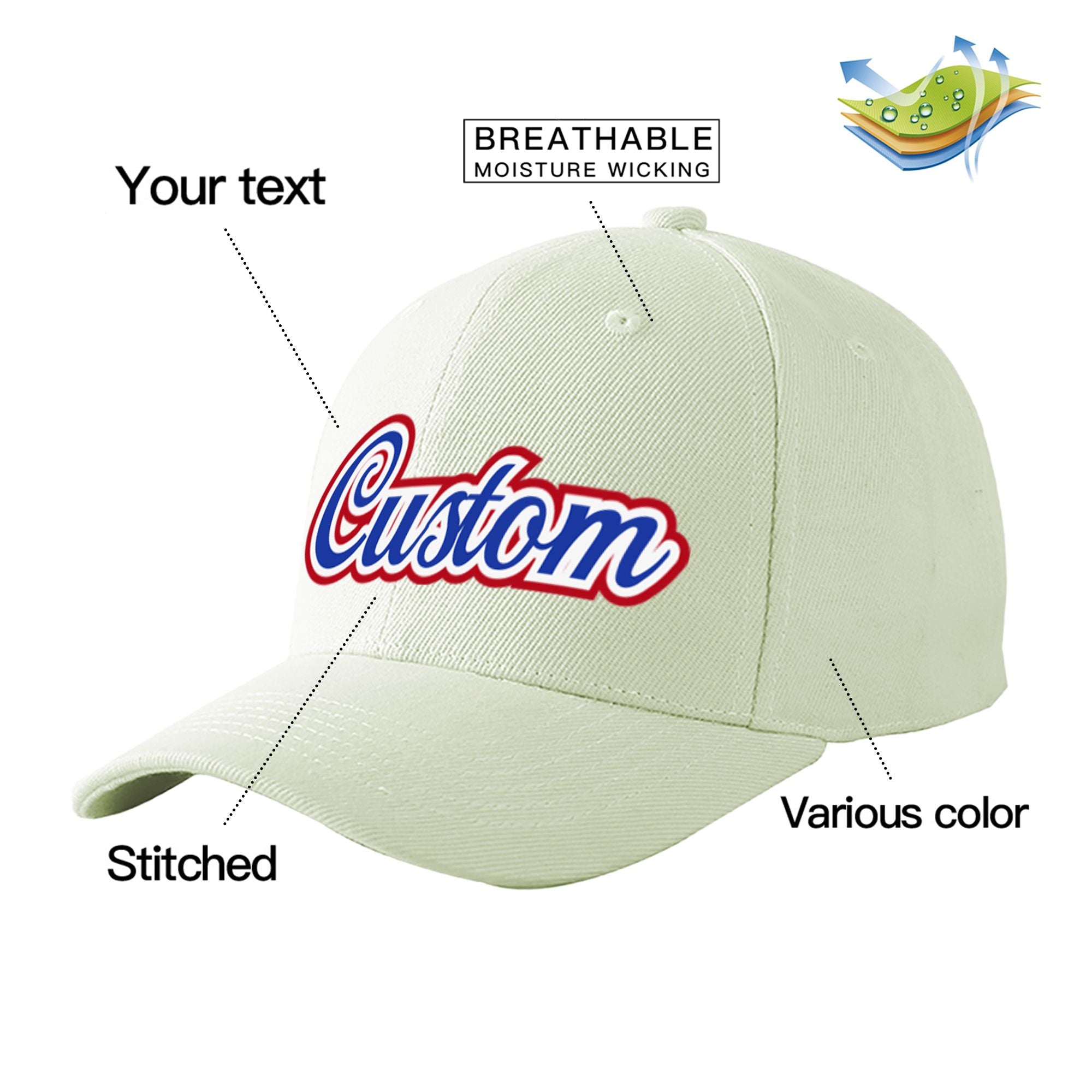 Custom Cream Royal Blue Baseball Cap Curved Eaves Hats Vintage Design for Men/Women/Youth