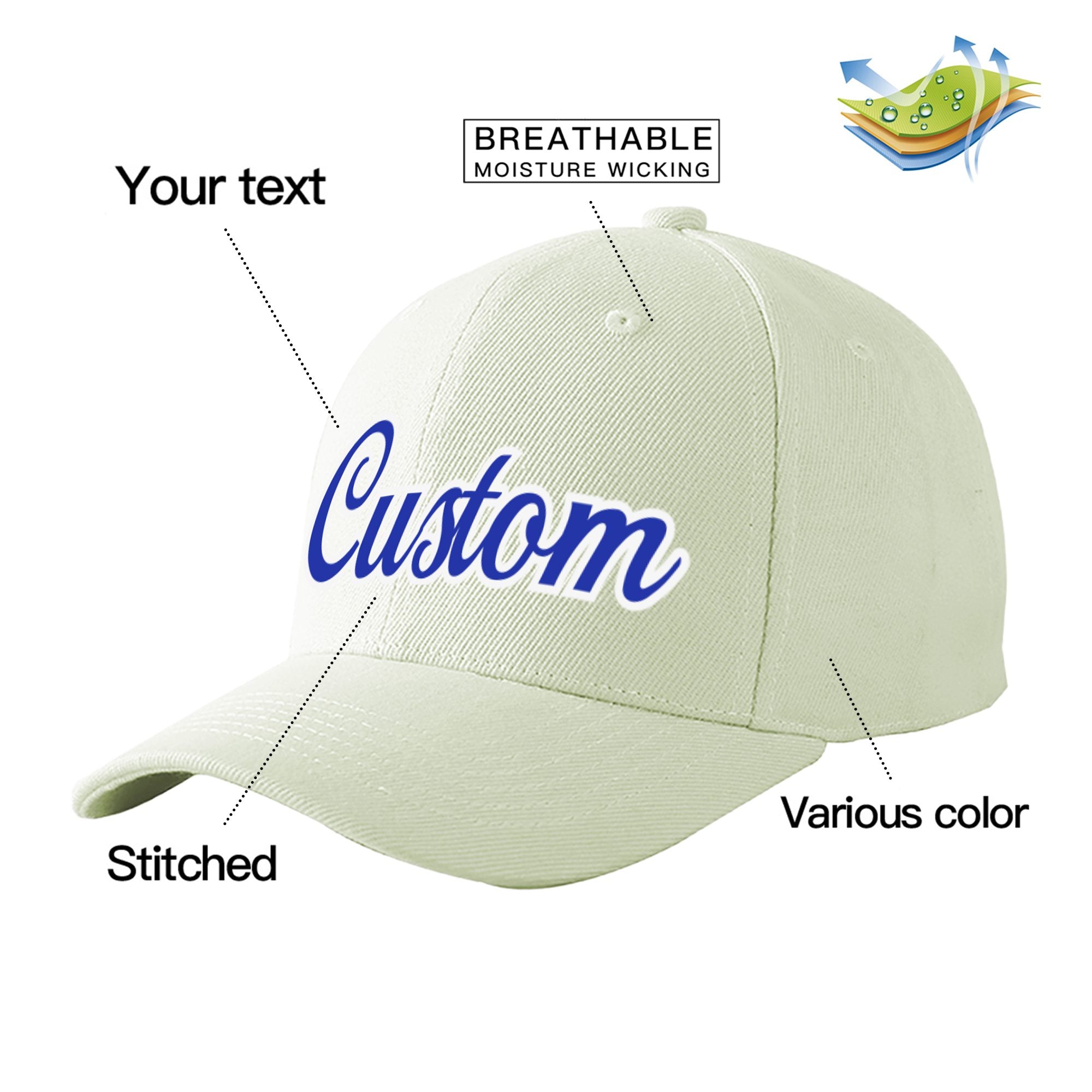 Custom Cream Royal Blue Baseball Cap Curved Eaves Hats Vintage Design for Men/Women/Youth