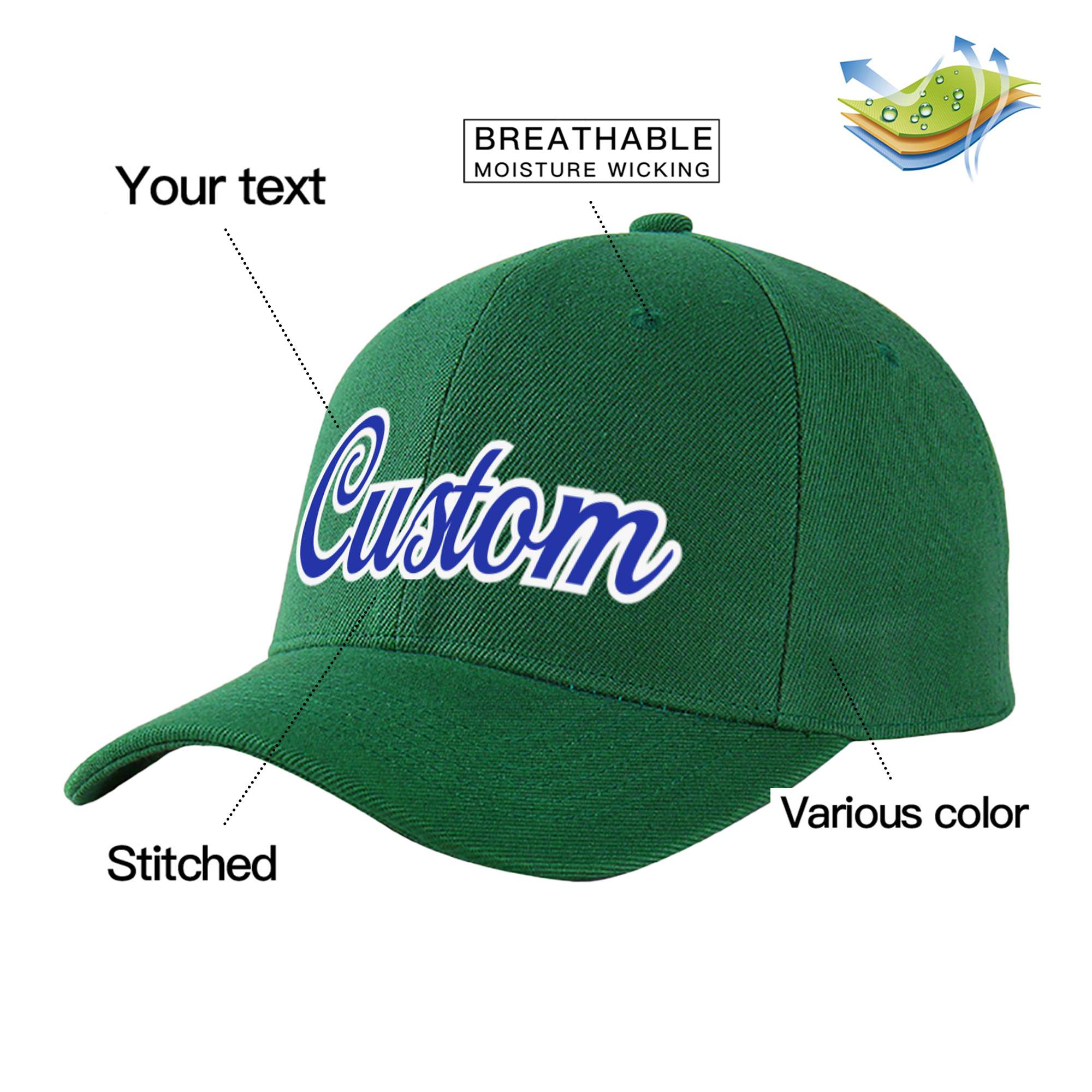 Custom Dark Green Royal Blue Baseball Cap Curved Eaves Hats Vintage Design for Men/Women/Youth