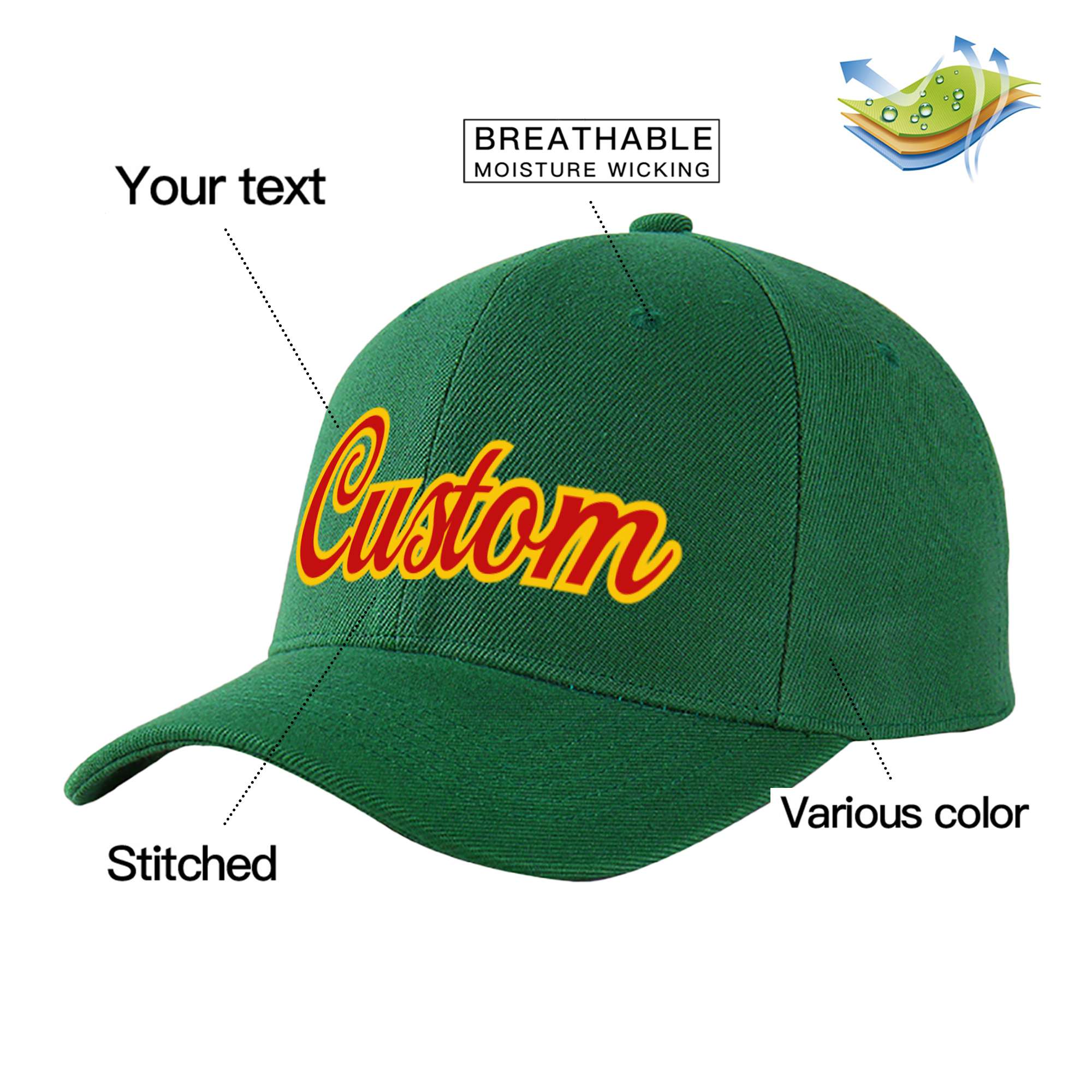 Custom Dark Green Red Baseball Cap Curved Eaves Hats Vintage Design for Men/Women/Youth