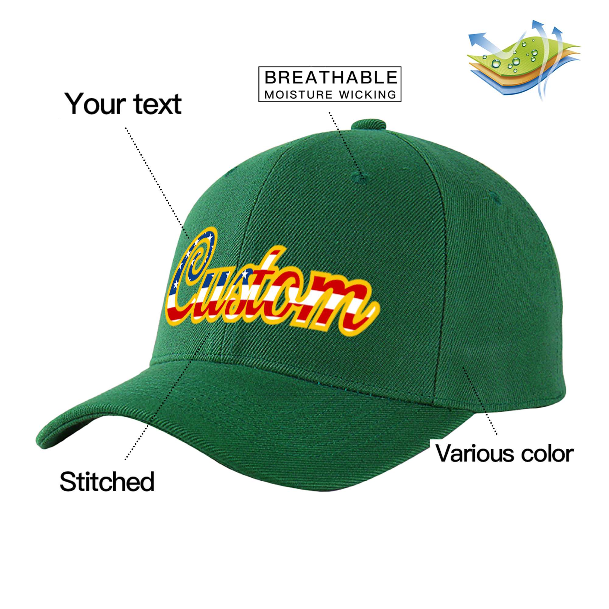 Custom Dark Green Usa Baseball Cap Curved Eaves Hats Vintage Design for Men/Women/Youth