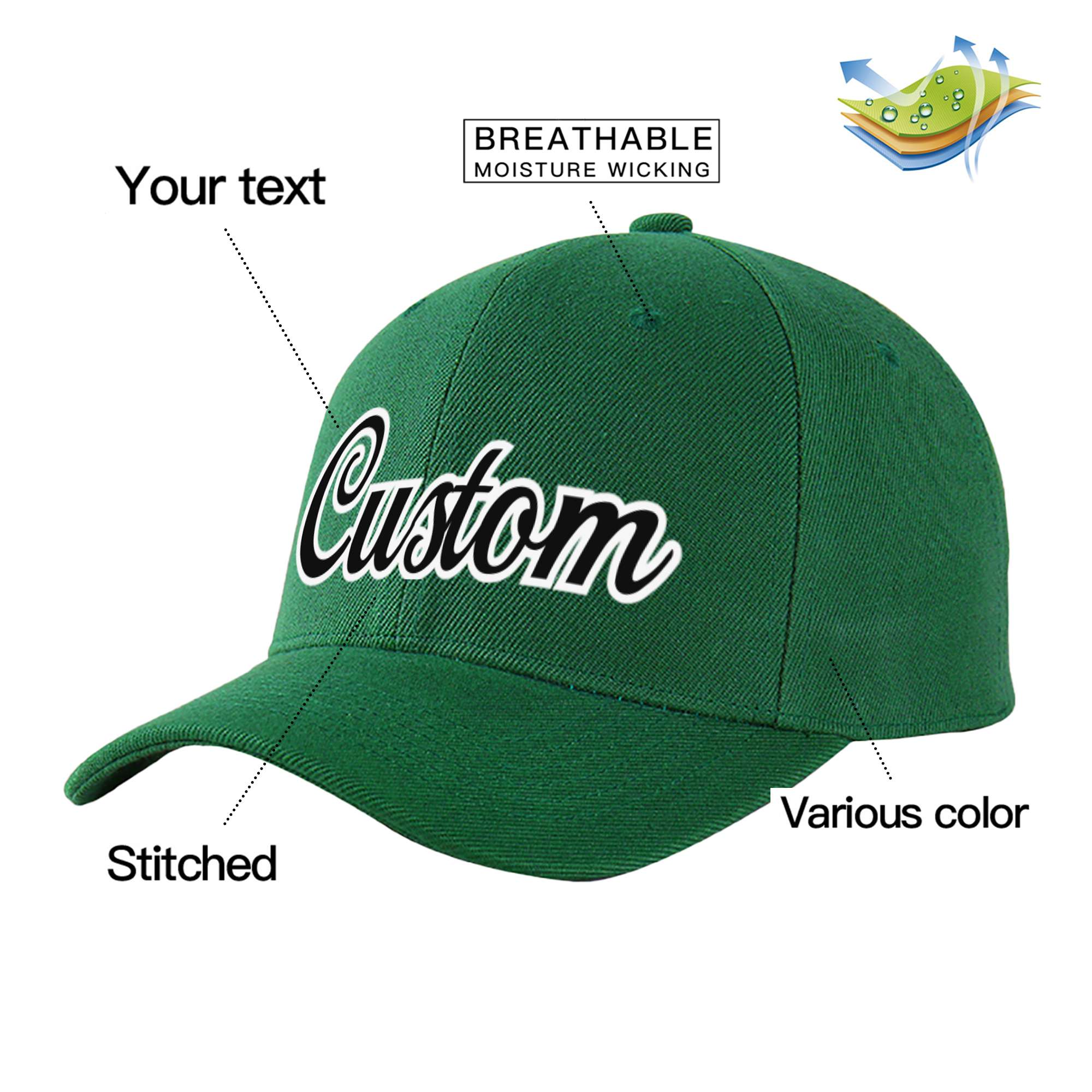 Custom Dark Green Black Baseball Cap Curved Eaves Hats Vintage Design for Men/Women/Youth