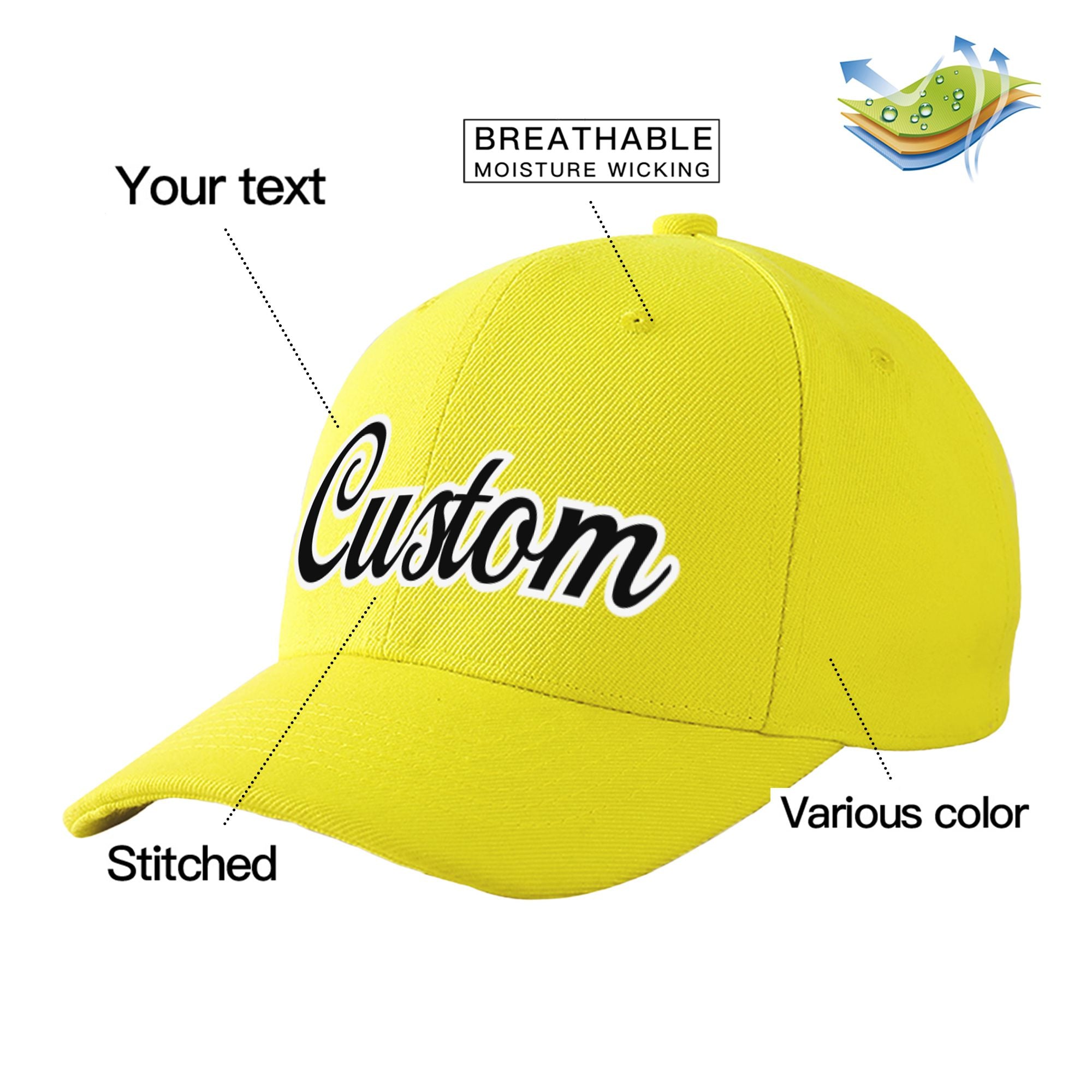 Custom Light Yellow Black Baseball Cap Curved Eaves Hats Vintage Design for Men/Women/Youth