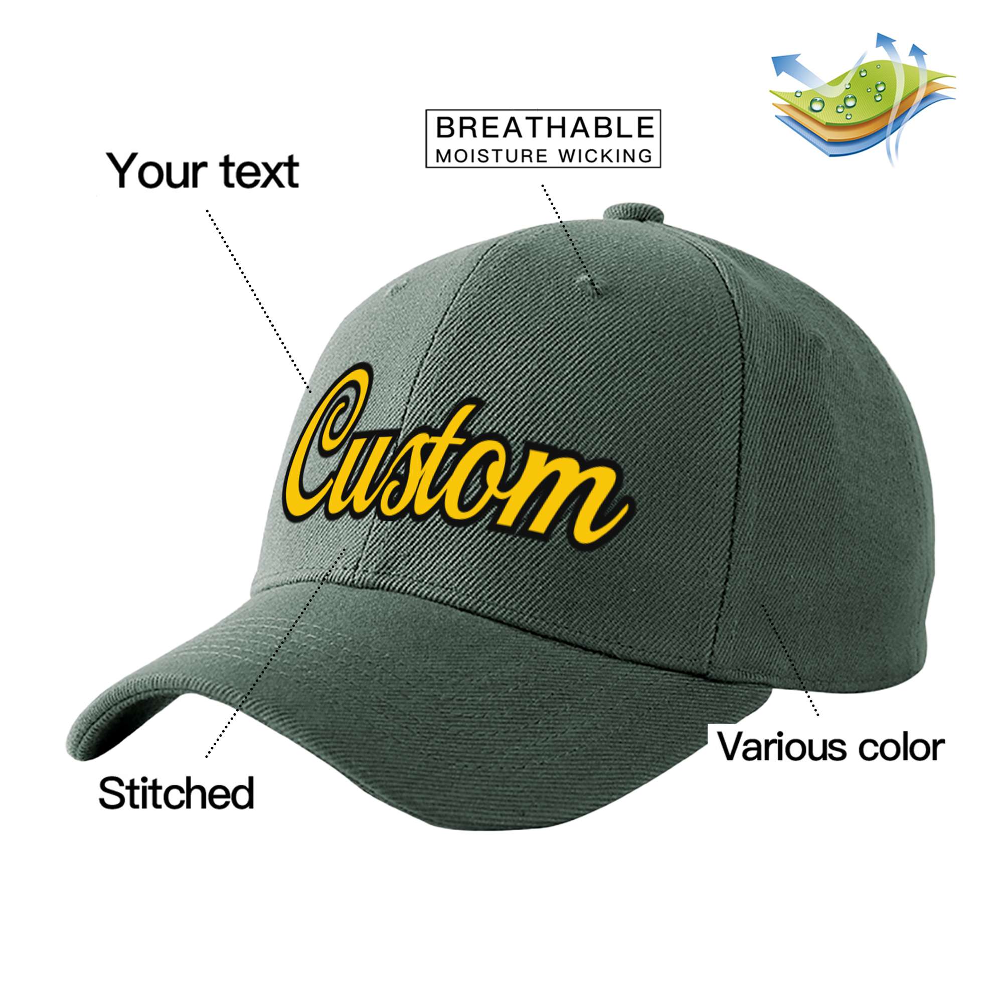 Custom Dark Gray Yellow Baseball Cap Curved Eaves Hats Vintage Design for Men/Women/Youth