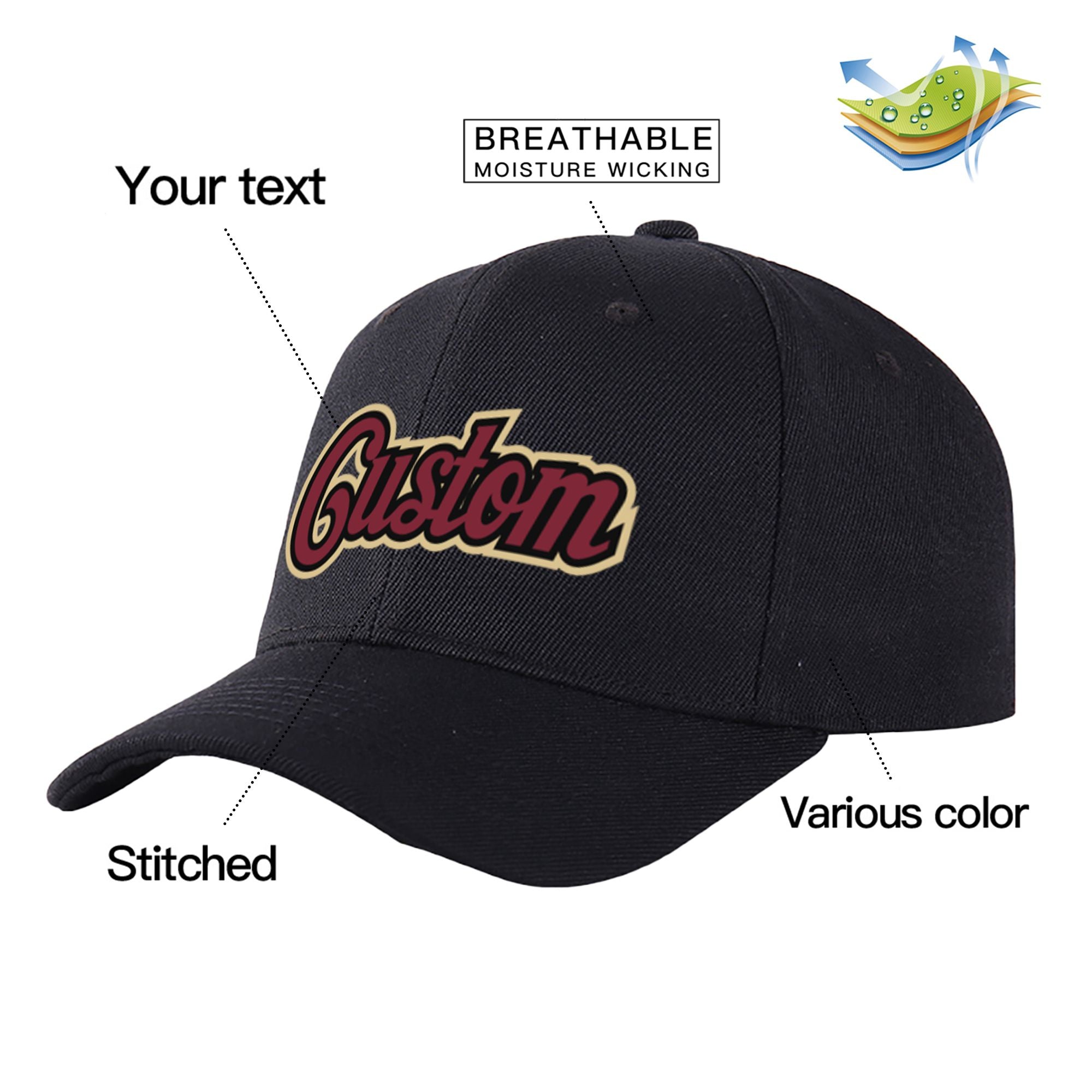 Custom Black Crimson Baseball Cap Curved Eaves Hats Vintage Design for Men/Women/Youth