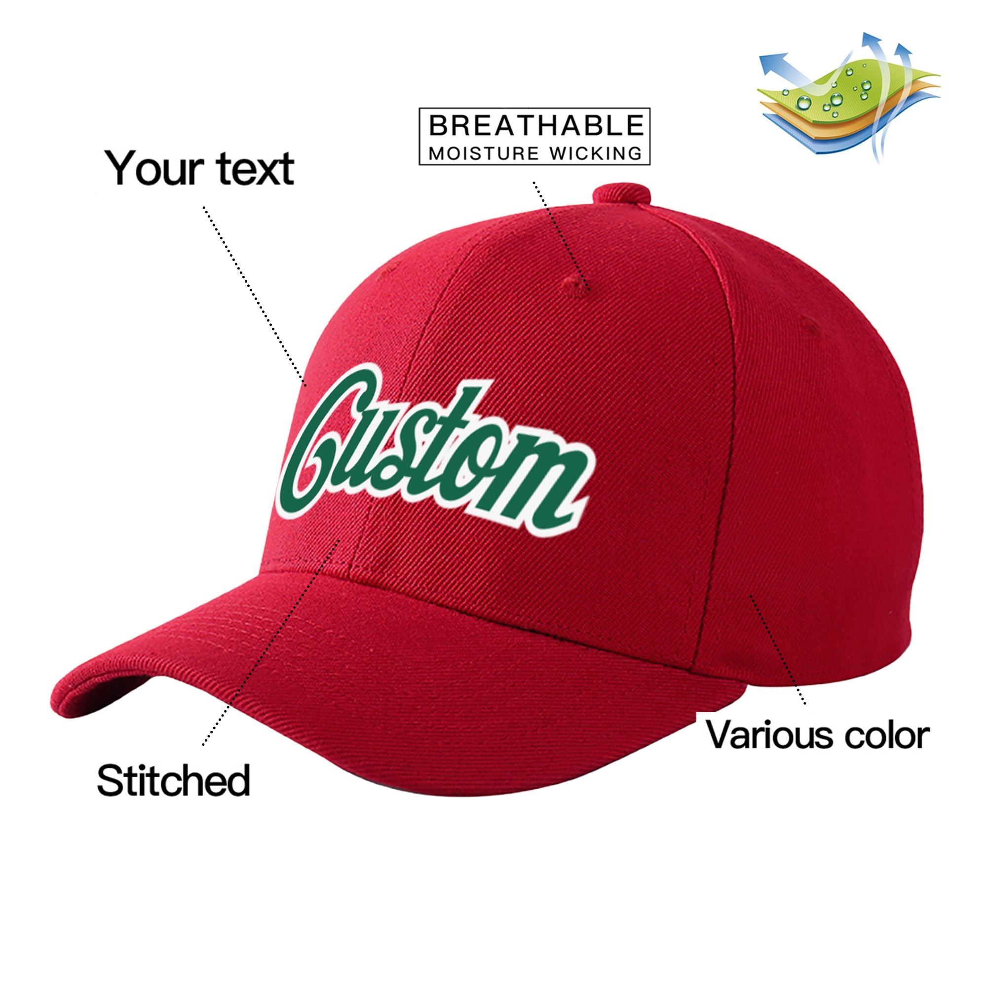 Custom Red Kelly Green Baseball Cap Curved Eaves Hats Vintage Design for Men/Women/Youth