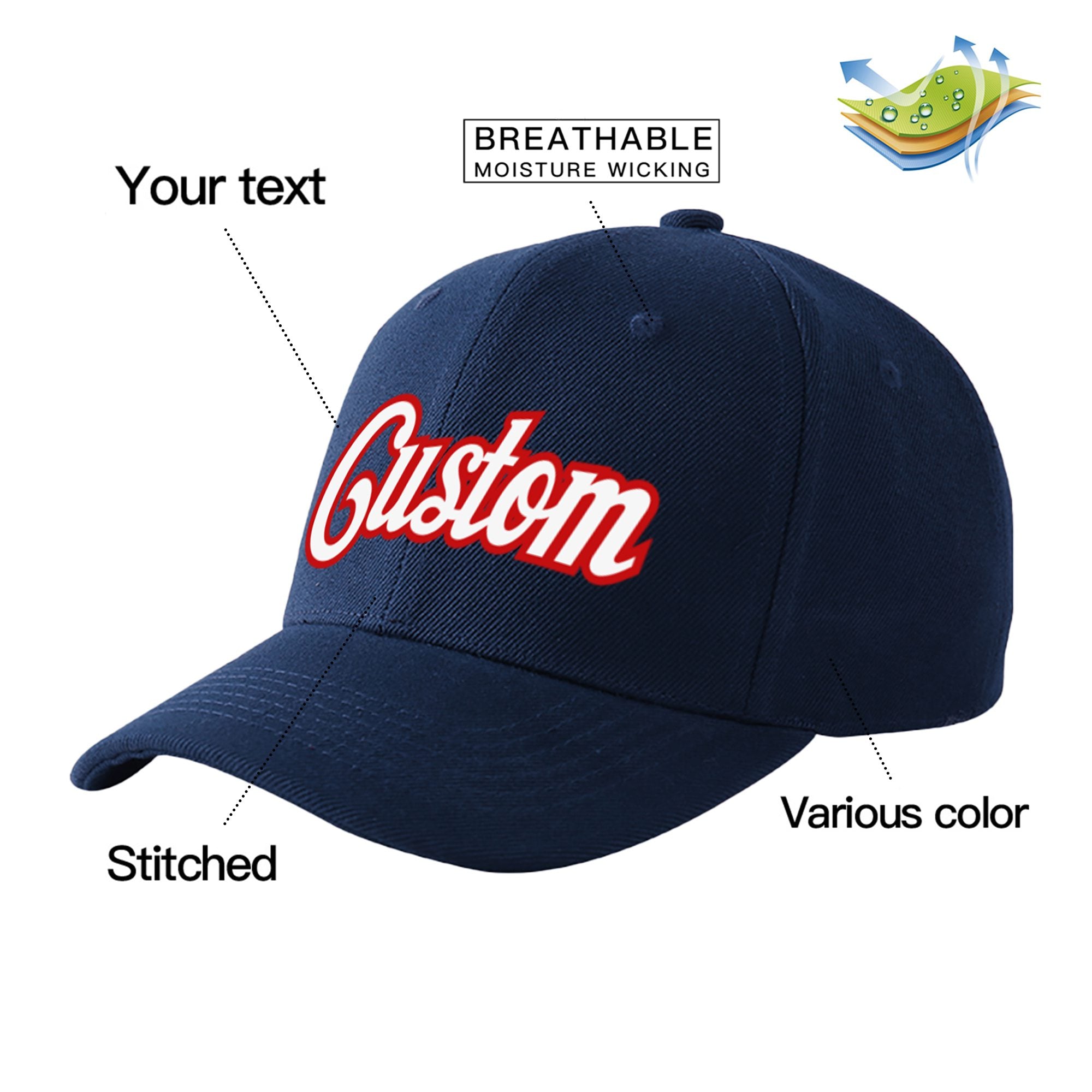 Custom Navy White Baseball Cap Curved Eaves Hats Vintage Design for Men/Women/Youth