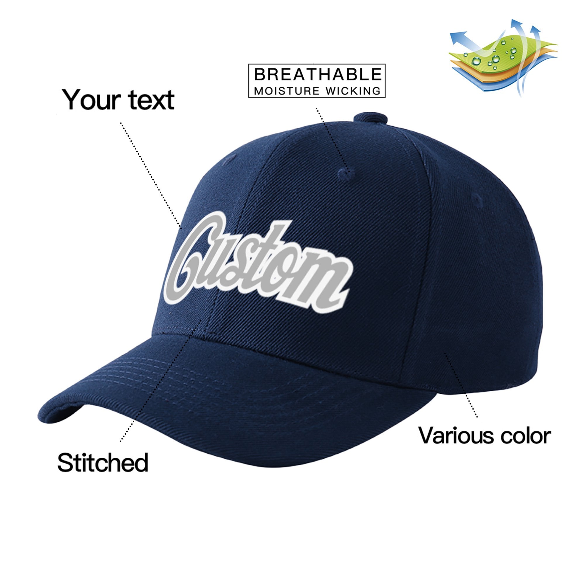 Custom Navy Gray Baseball Cap Curved Eaves Hats Vintage Design for Men/Women/Youth