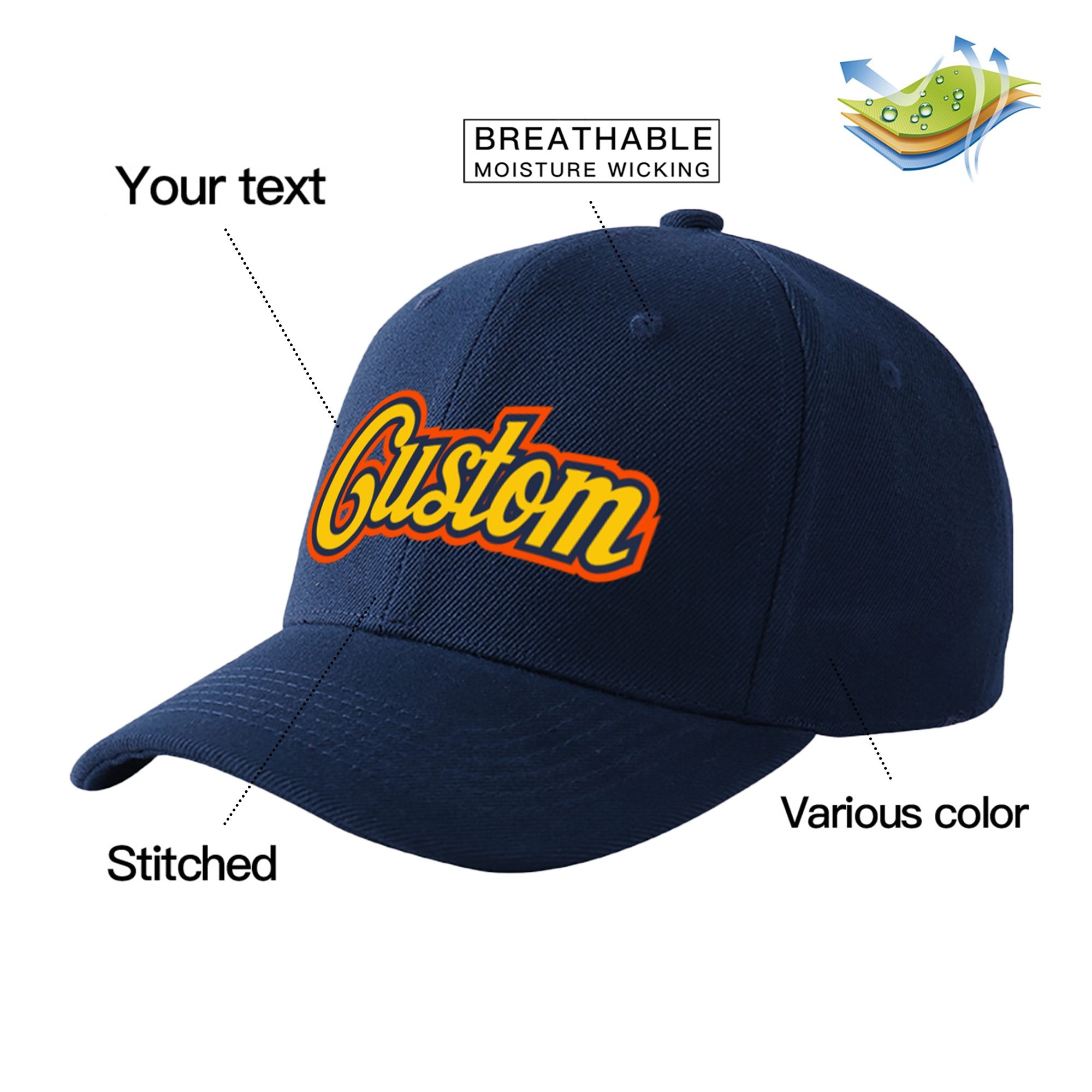 Custom Navy Yellow Baseball Cap Curved Eaves Hats Vintage Design for Men/Women/Youth