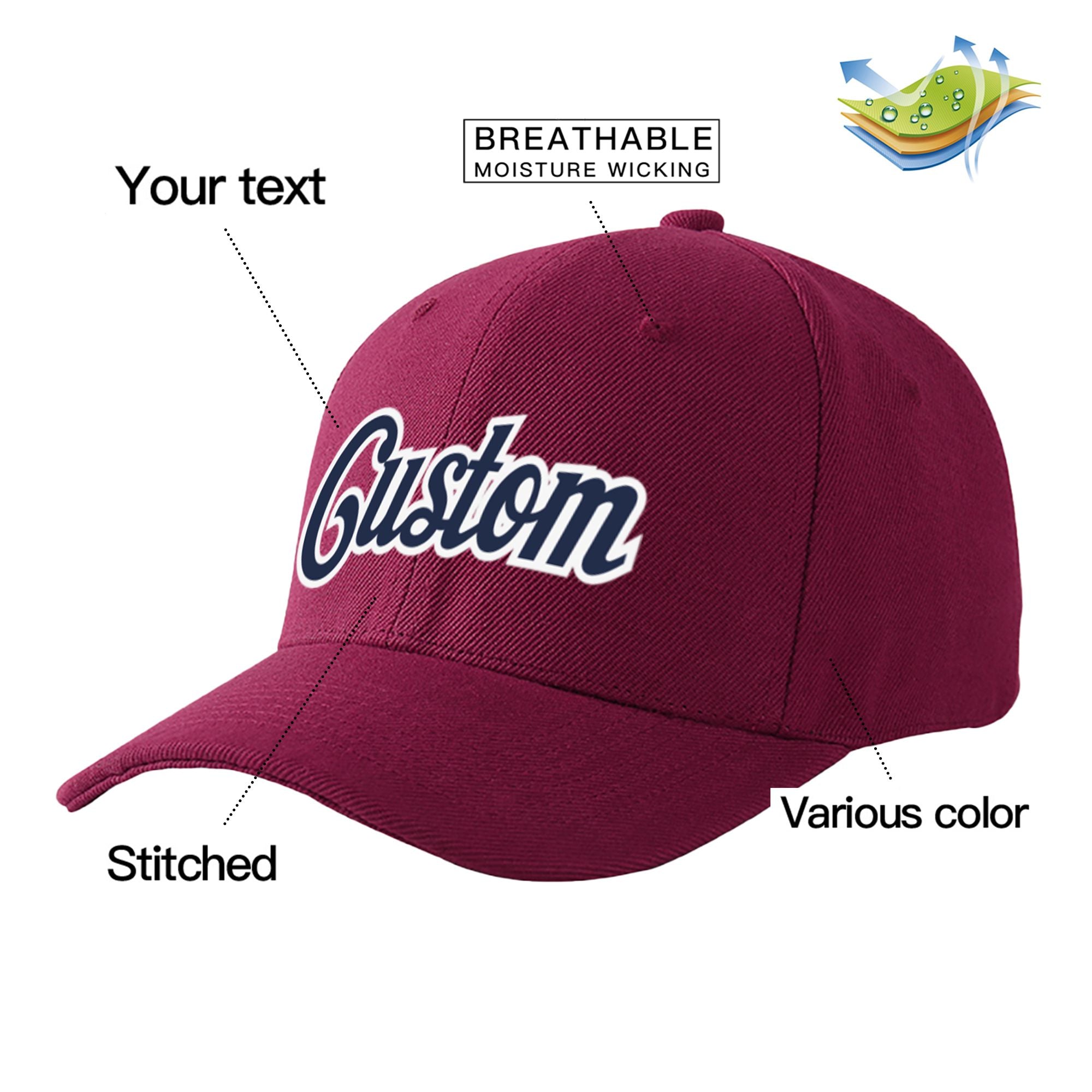 Custom Burgundy Navy Baseball Cap Curved Eaves Hats Vintage Design for Men/Women/Youth