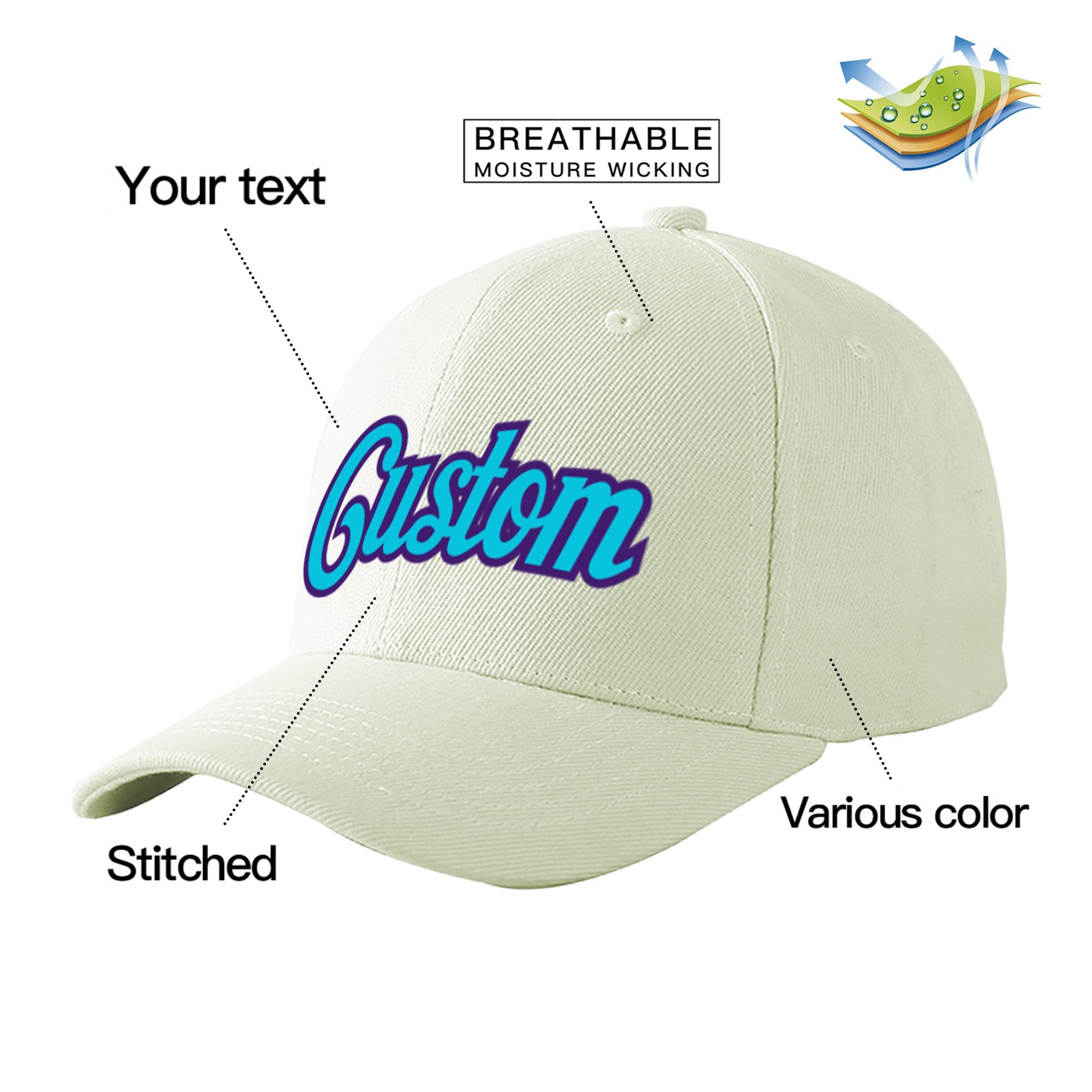 Custom Cream Sky Blue Baseball Cap Curved Eaves Hats Vintage Design for Men/Women/Youth