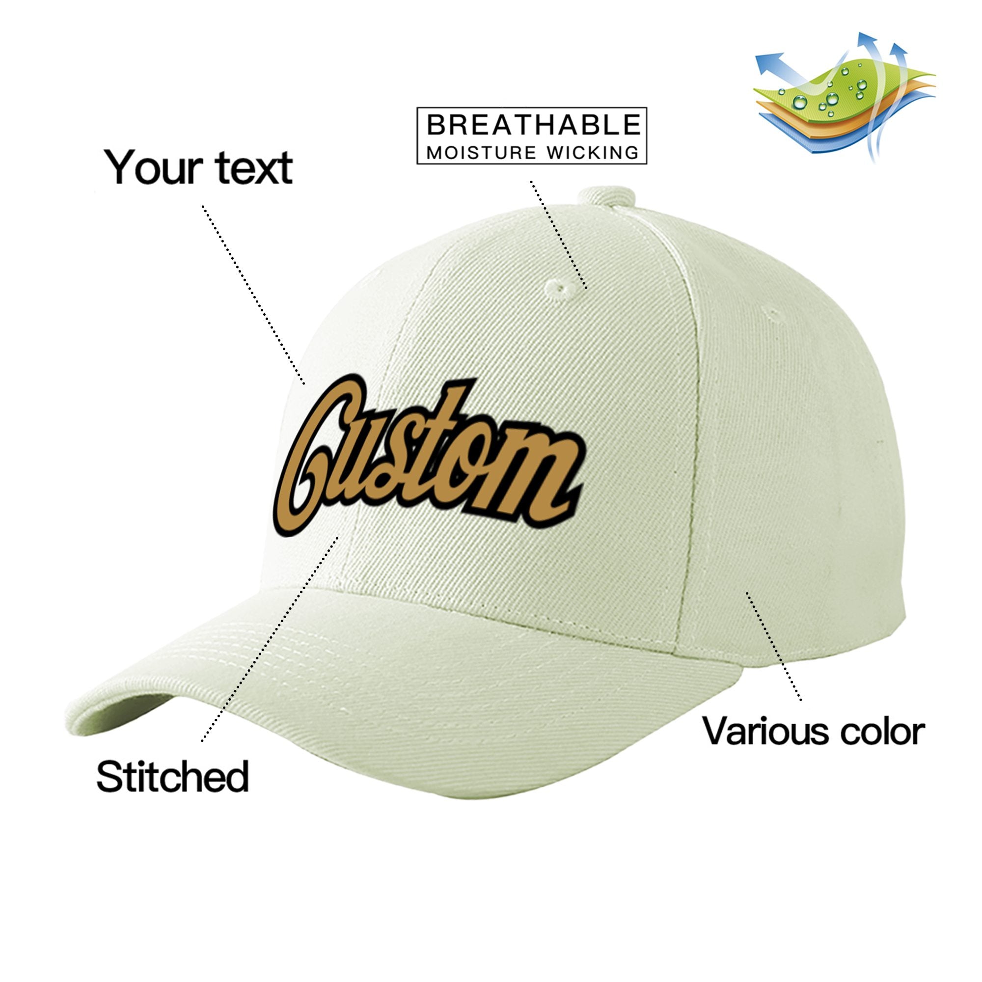 Custom Cream Old Gold Baseball Cap Curved Eaves Hats Vintage Design for Men/Women/Youth