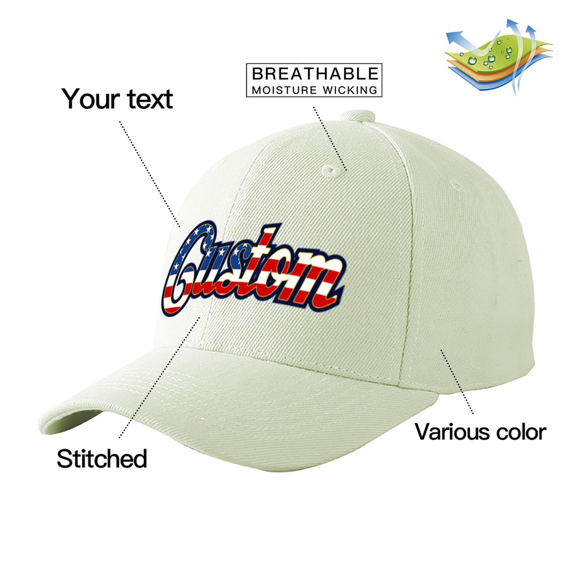 Custom Cream Usa Baseball Cap Curved Eaves Hats Vintage Design for Men/Women/Youth