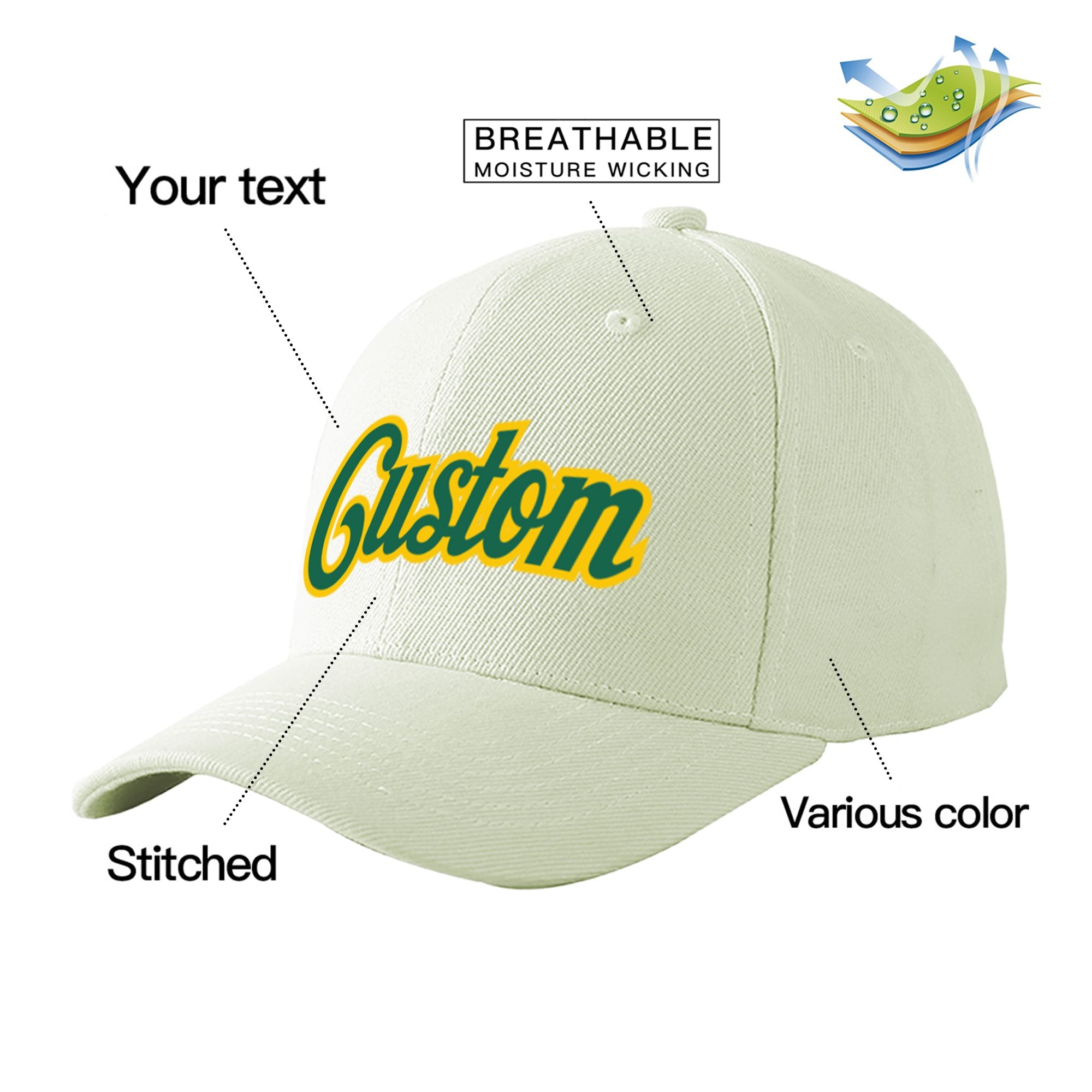 Custom Cream Kelly Green Baseball Cap Curved Eaves Hats Vintage Design for Men/Women/Youth