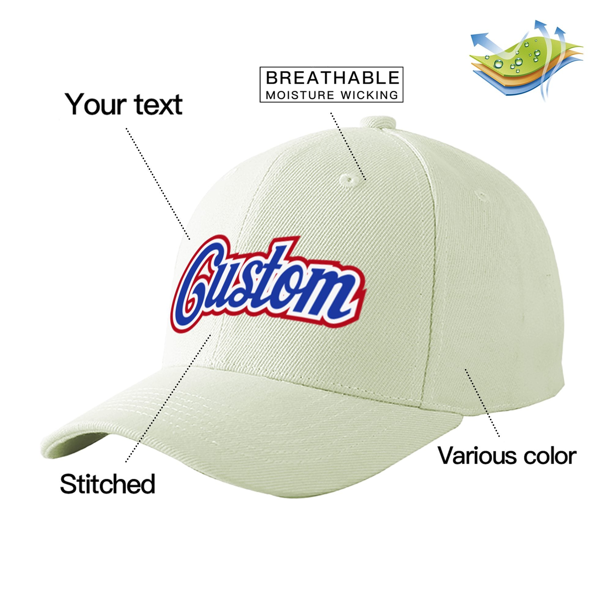 Custom Cream Royal Blue Baseball Cap Curved Eaves Hats Vintage Design for Men/Women/Youth