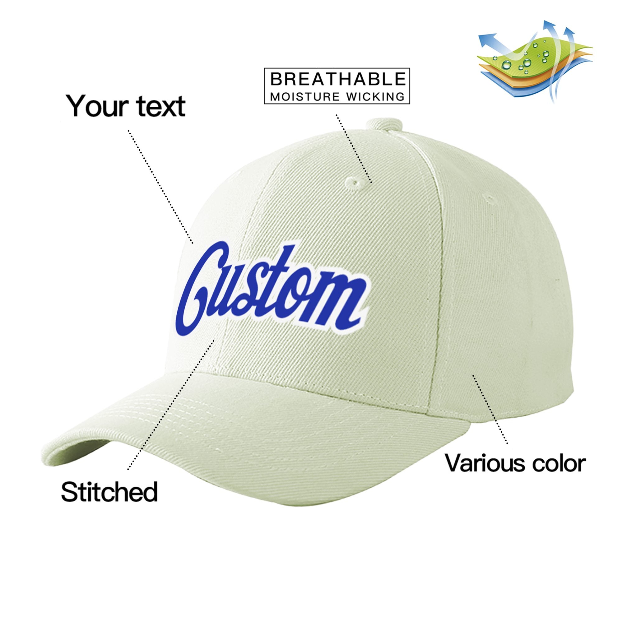 Custom Cream Royal Blue Baseball Cap Curved Eaves Hats Vintage Design for Men/Women/Youth