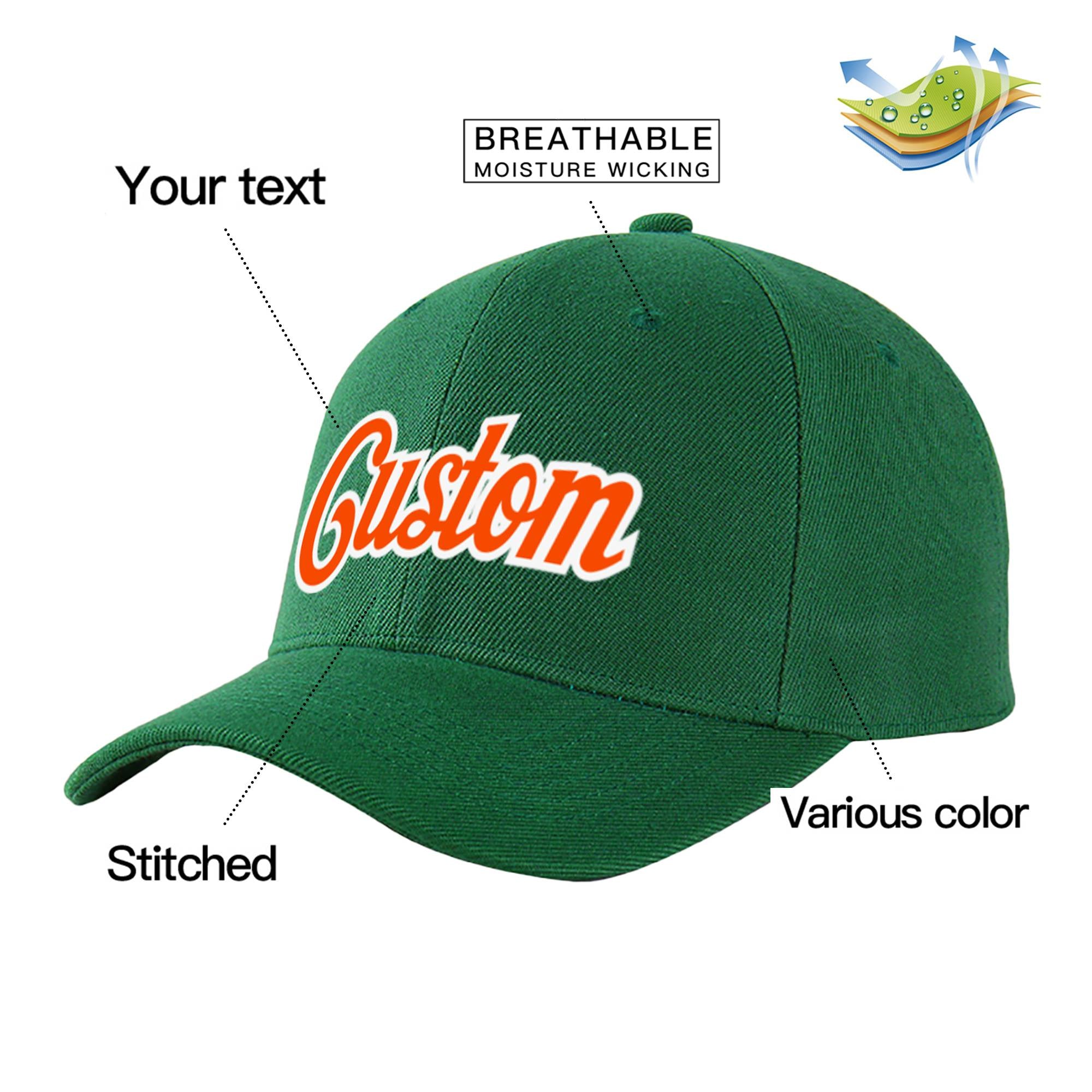 Custom Dark Green Orange Baseball Cap Curved Eaves Hats Vintage Design for Men/Women/Youth