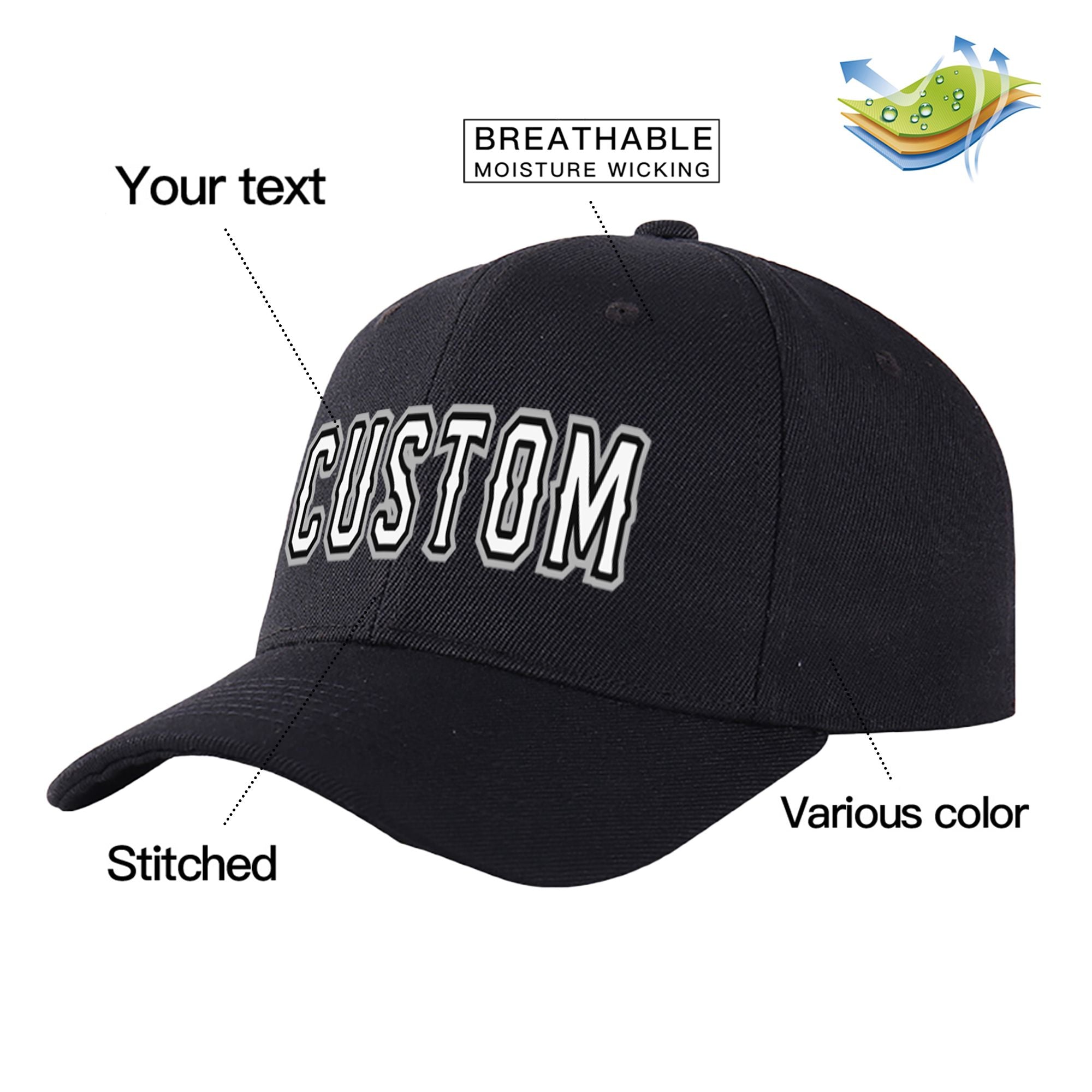 Custom Black White Baseball Cap Curved Eaves Hats Vintage Design for Men/Women/Youth