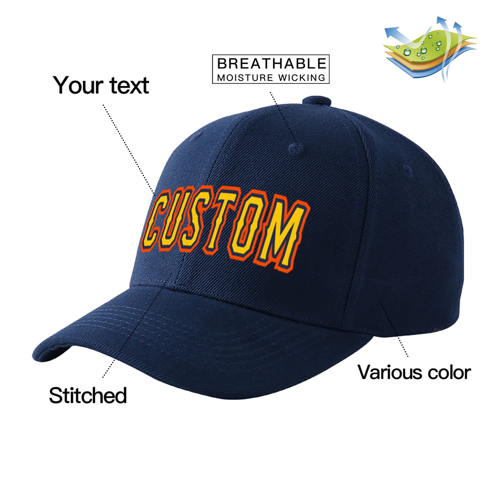 Custom Navy Yellow Baseball Cap Curved Eaves Hats Vintage Design for Men/Women/Youth