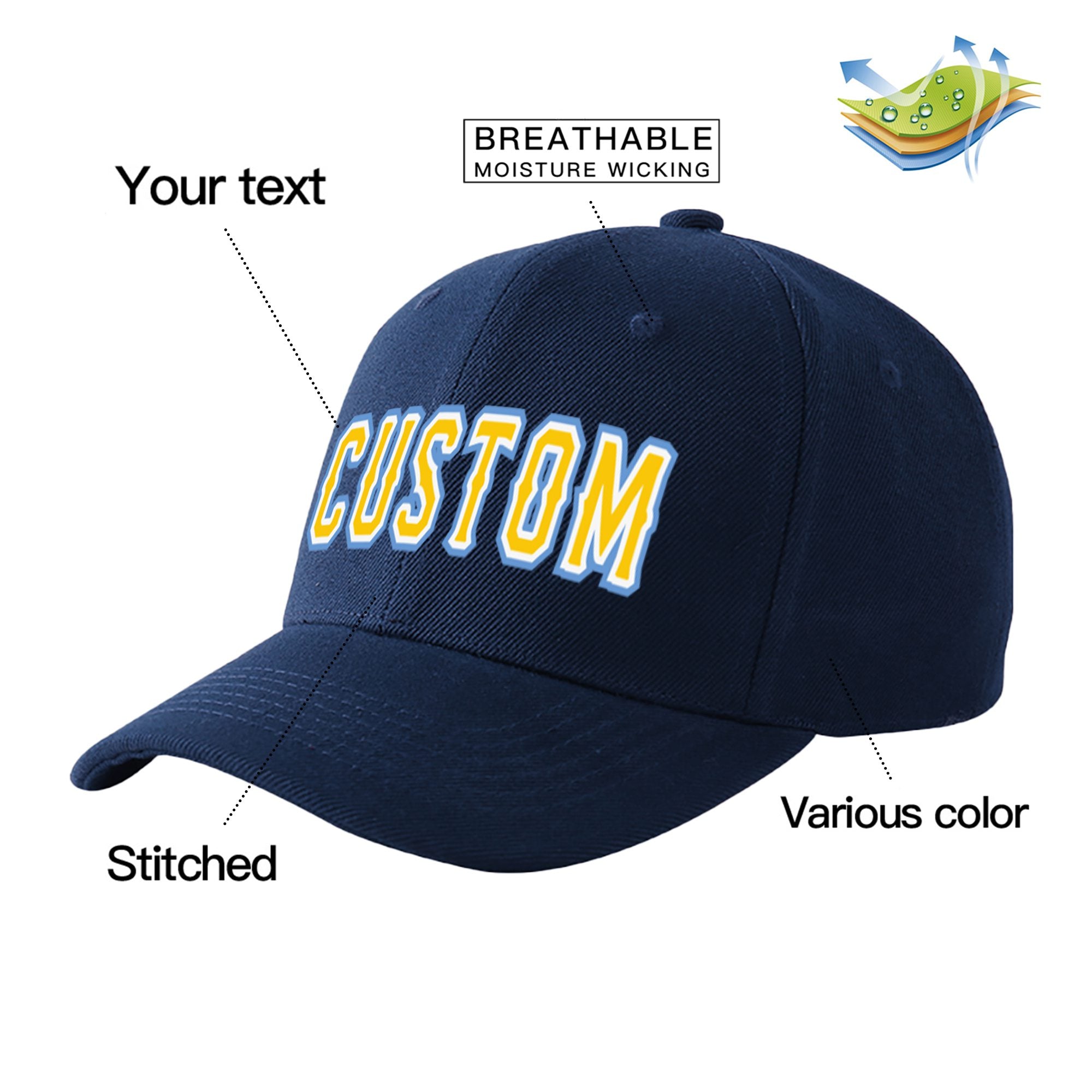 Custom Navy Yellow Baseball Cap Curved Eaves Hats Vintage Design for Men/Women/Youth