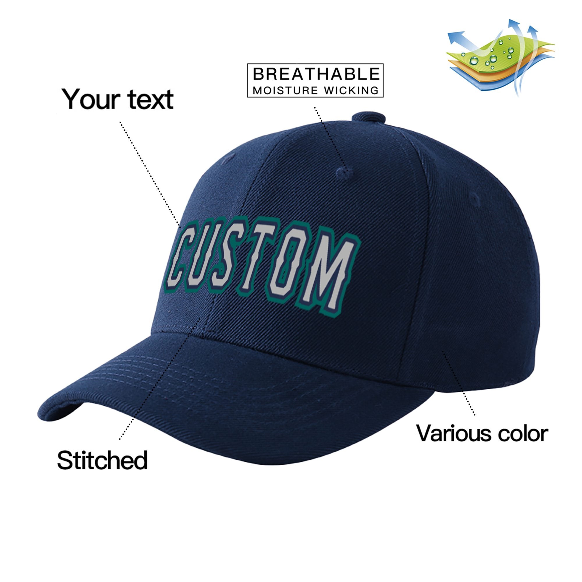 Custom Navy Gray Baseball Cap Curved Eaves Hats Vintage Design for Men/Women/Youth