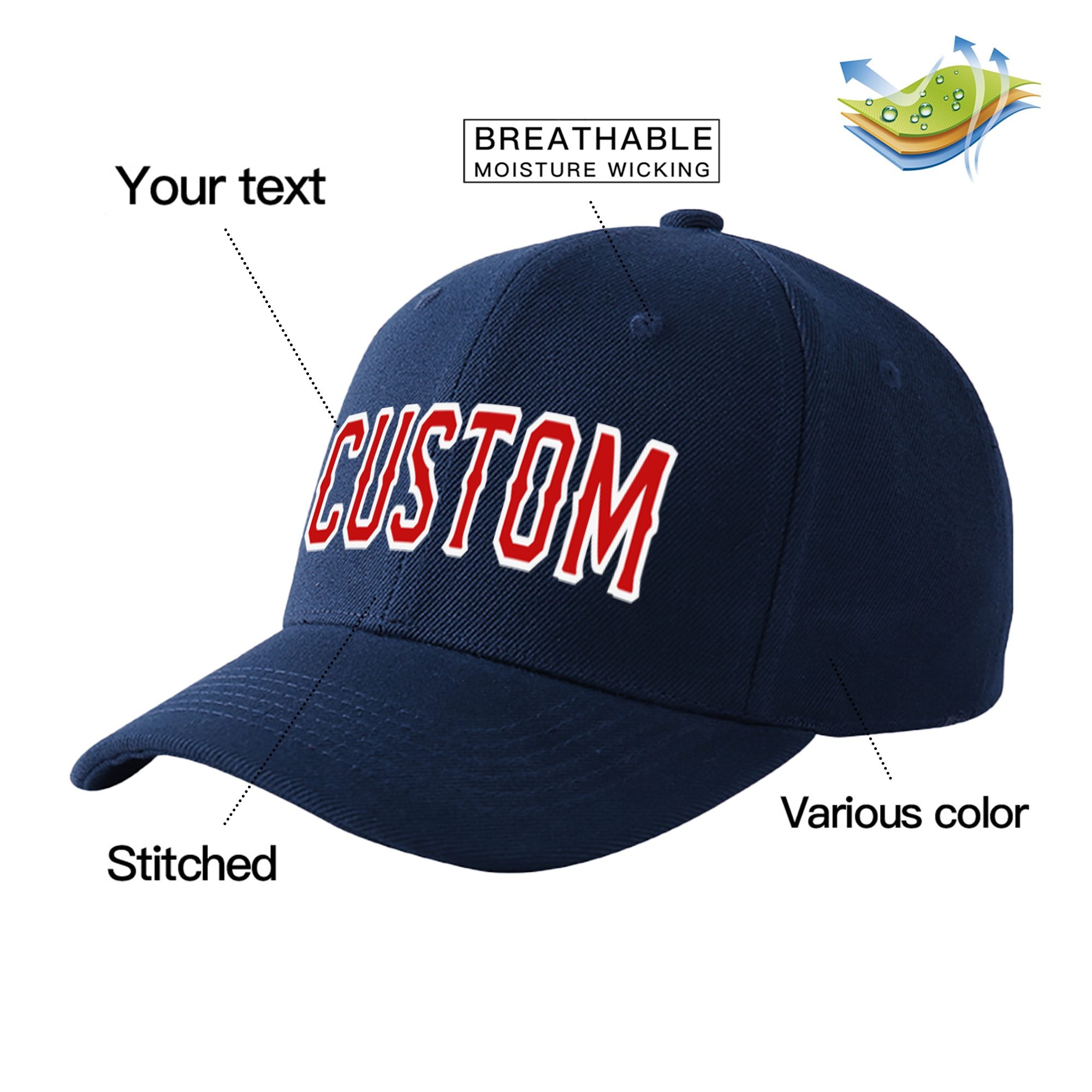 Custom Navy Red Baseball Cap Curved Eaves Hats Vintage Design for Men/Women/Youth