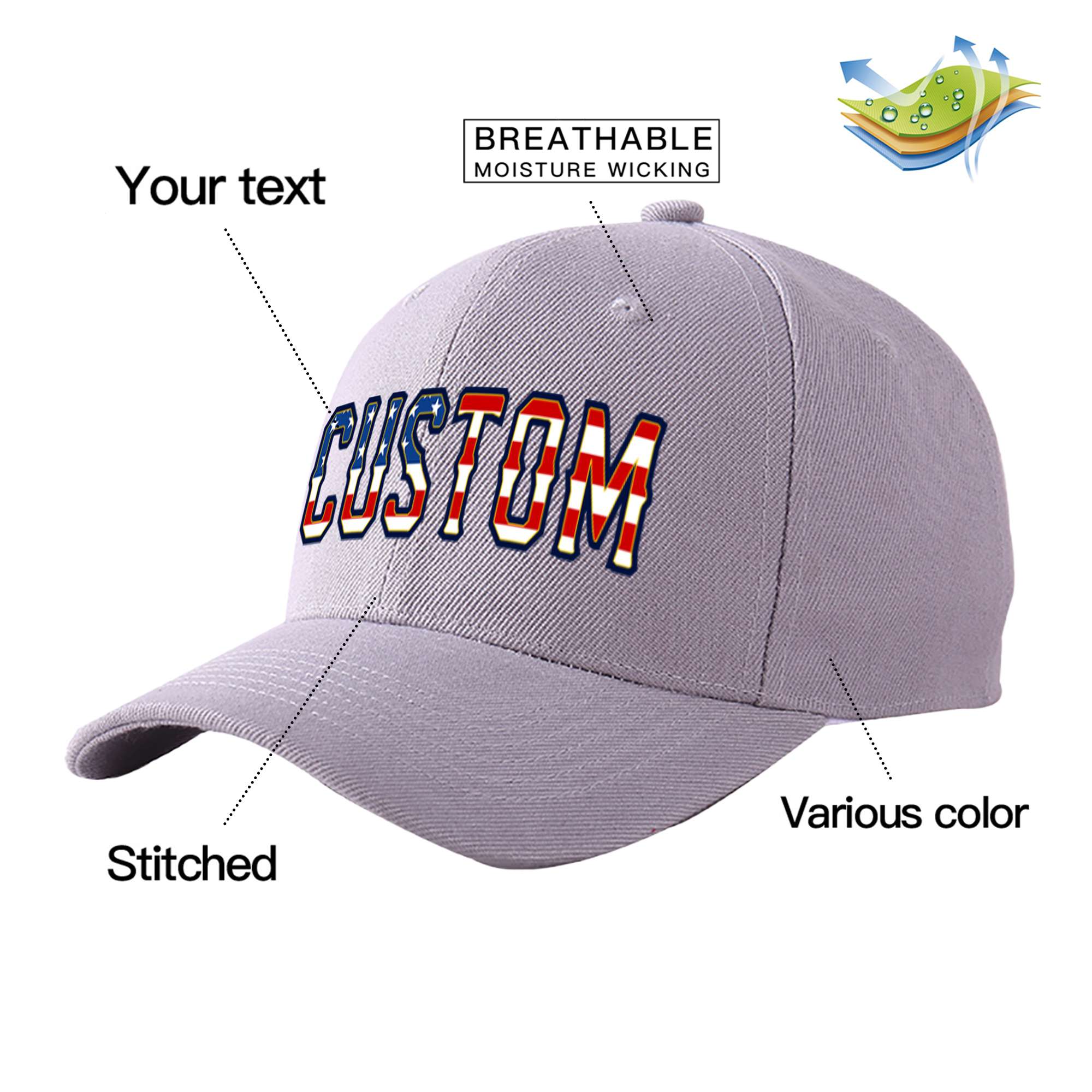 Custom Gray Usa Baseball Cap Curved Eaves Hats Vintage Design for Men/Women/Youth