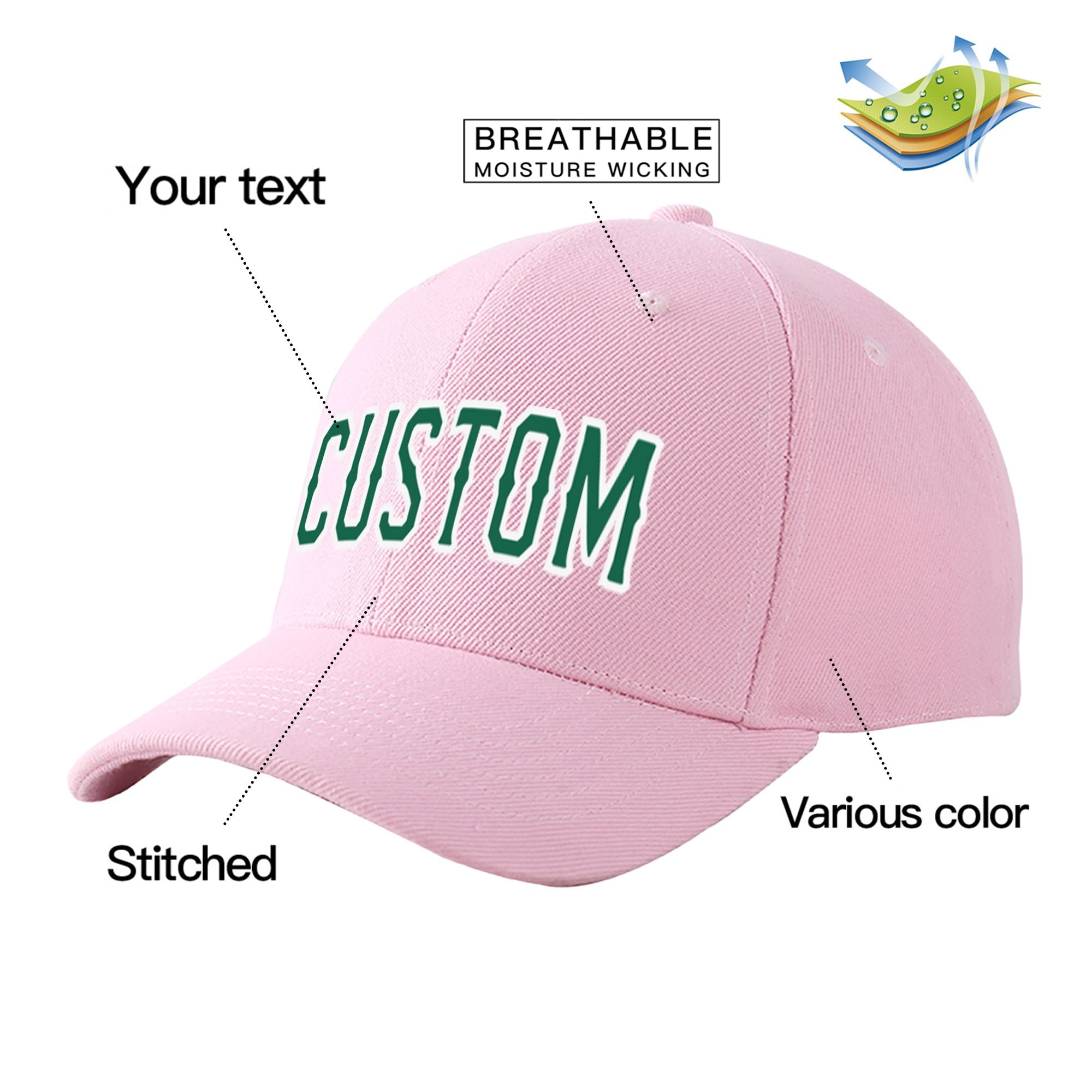 Custom Pink Kelly Green Baseball Cap Curved Eaves Hats Vintage Design for Men/Women/Youth