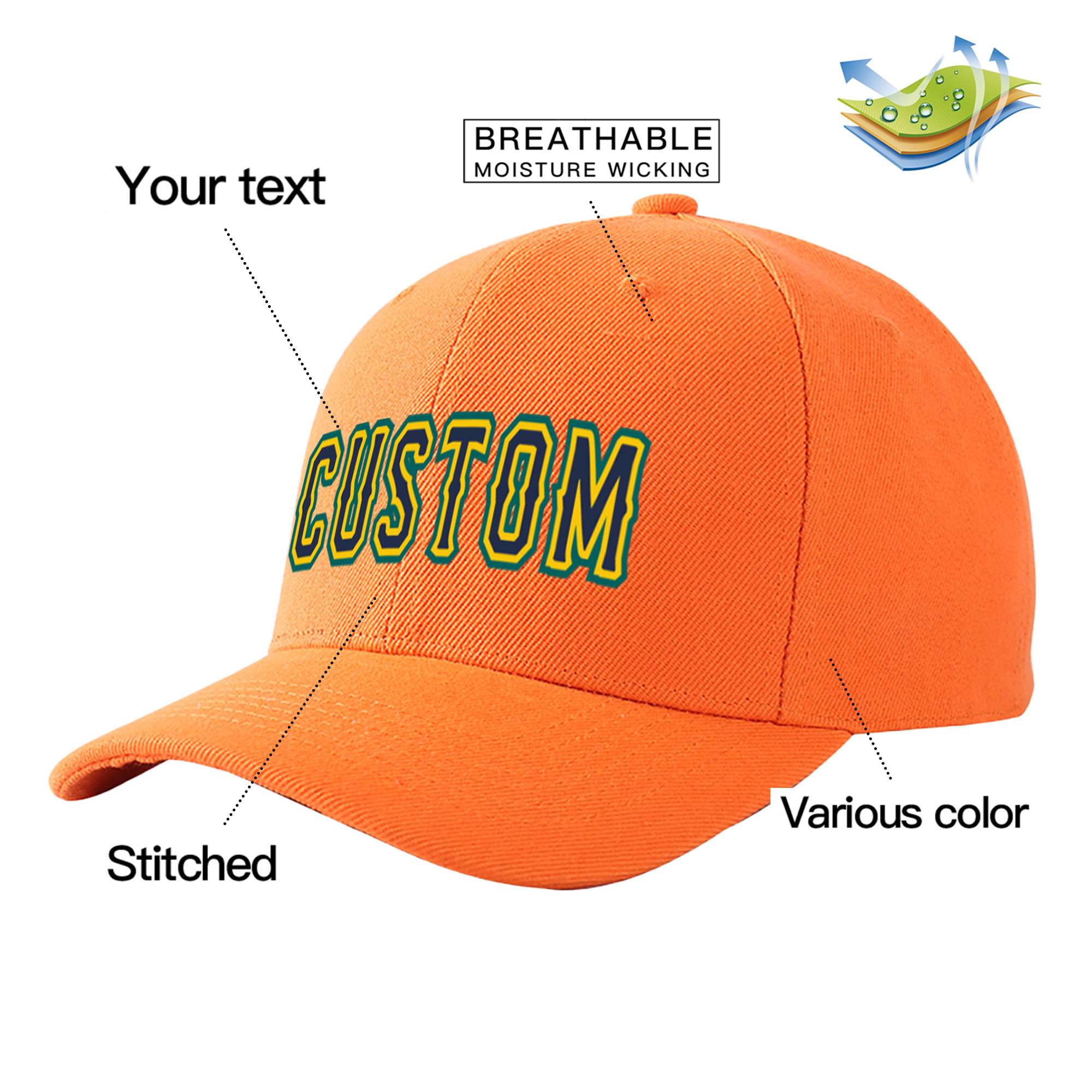 Custom Orange Navy Baseball Cap Curved Eaves Hats Vintage Design for Men/Women/Youth