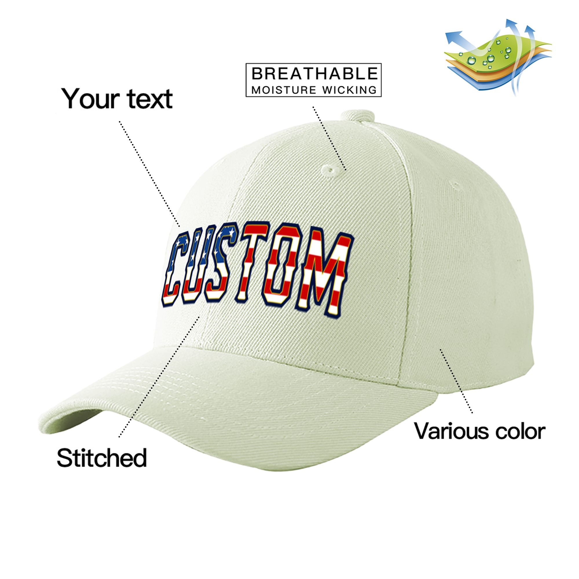 Custom Cream Usa Baseball Cap Curved Eaves Hats Vintage Design for Men/Women/Youth