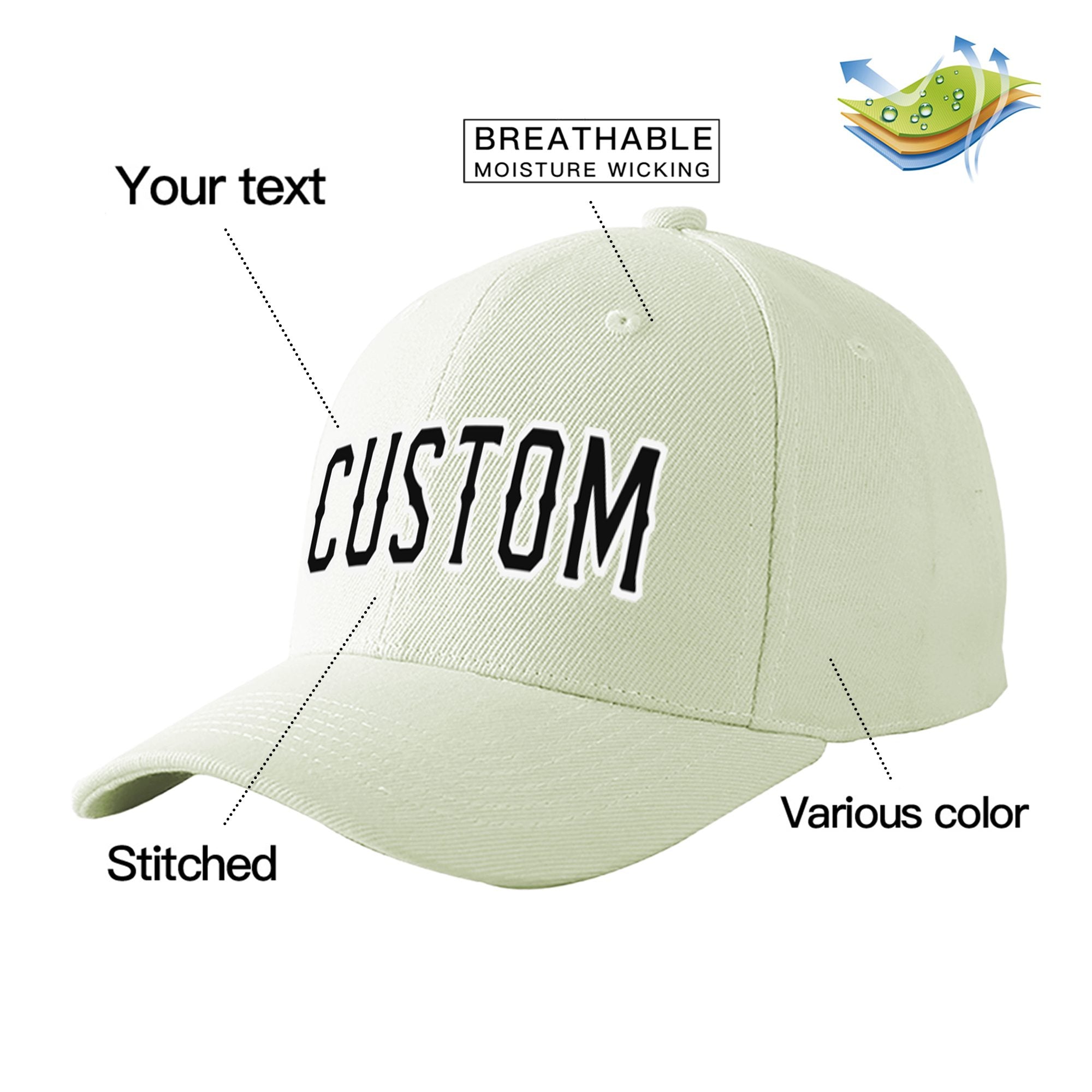 Custom Cream Black Baseball Cap Curved Eaves Hats Vintage Design for Men/Women/Youth