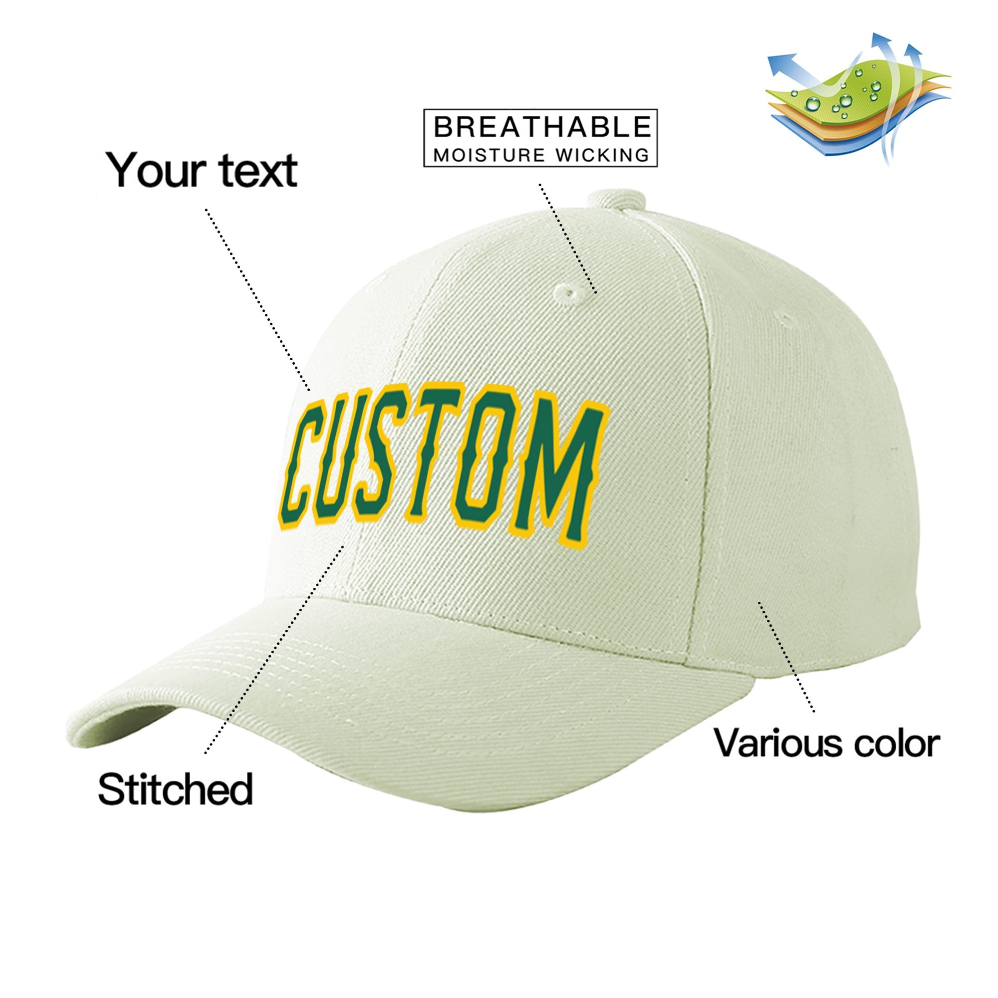 Custom Cream Kelly Green Baseball Cap Curved Eaves Hats Vintage Design for Men/Women/Youth