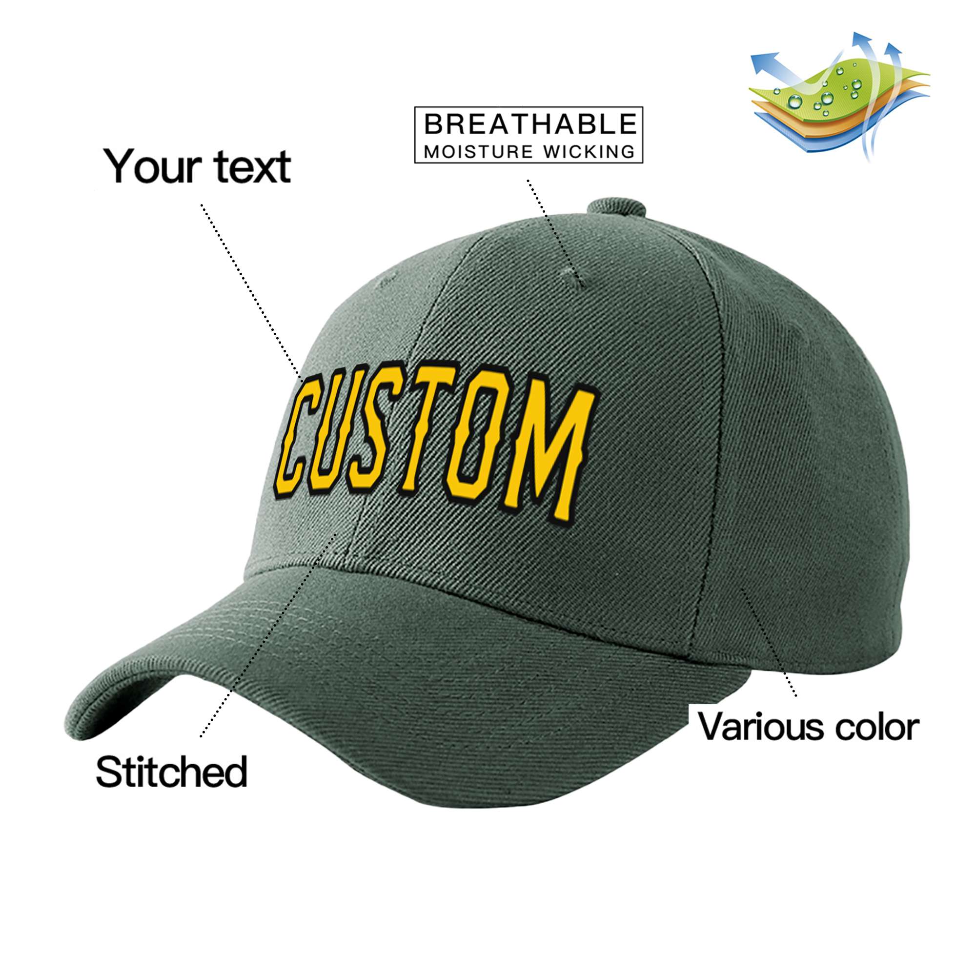 Custom Dark Gray Yellow Baseball Cap Curved Eaves Hats Vintage Design for Men/Women/Youth