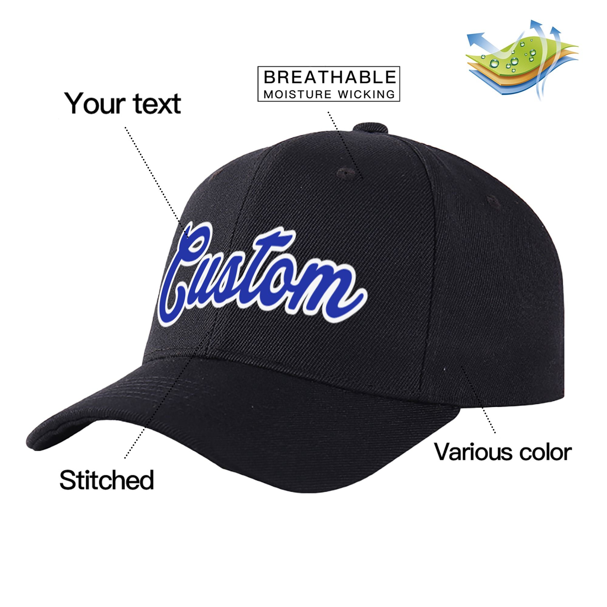 Custom Black Royal Blue Baseball Cap Curved Eaves Hats Vintage Design for Men/Women/Youth